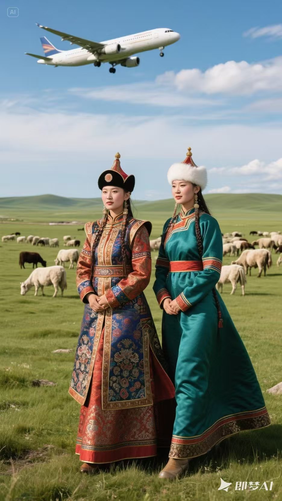 辽阔草原上,两位蒙古族女青年并肩而立