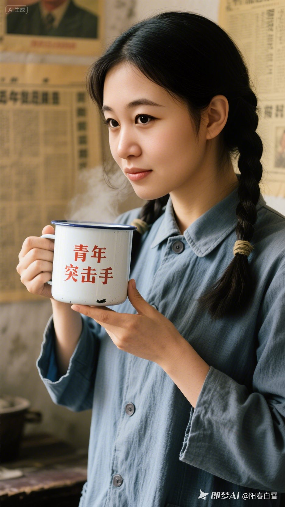 背景报纸泛黄,似藏着岁月故事,她眼神清亮,笑纹浅淡,把青春的热忱与