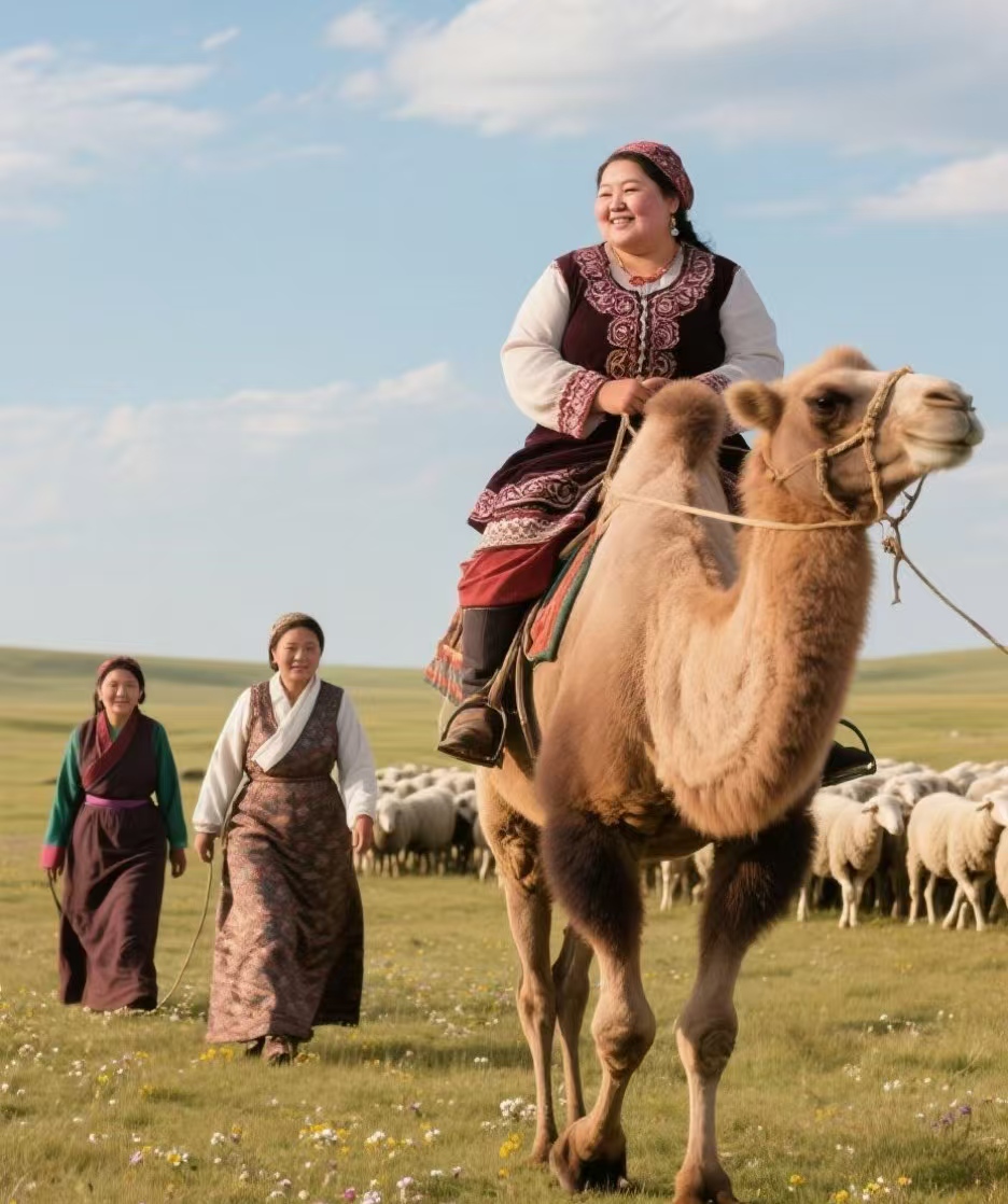 广袤的草原上,蒙古族女青年英姿飒爽地骑在骆驼上