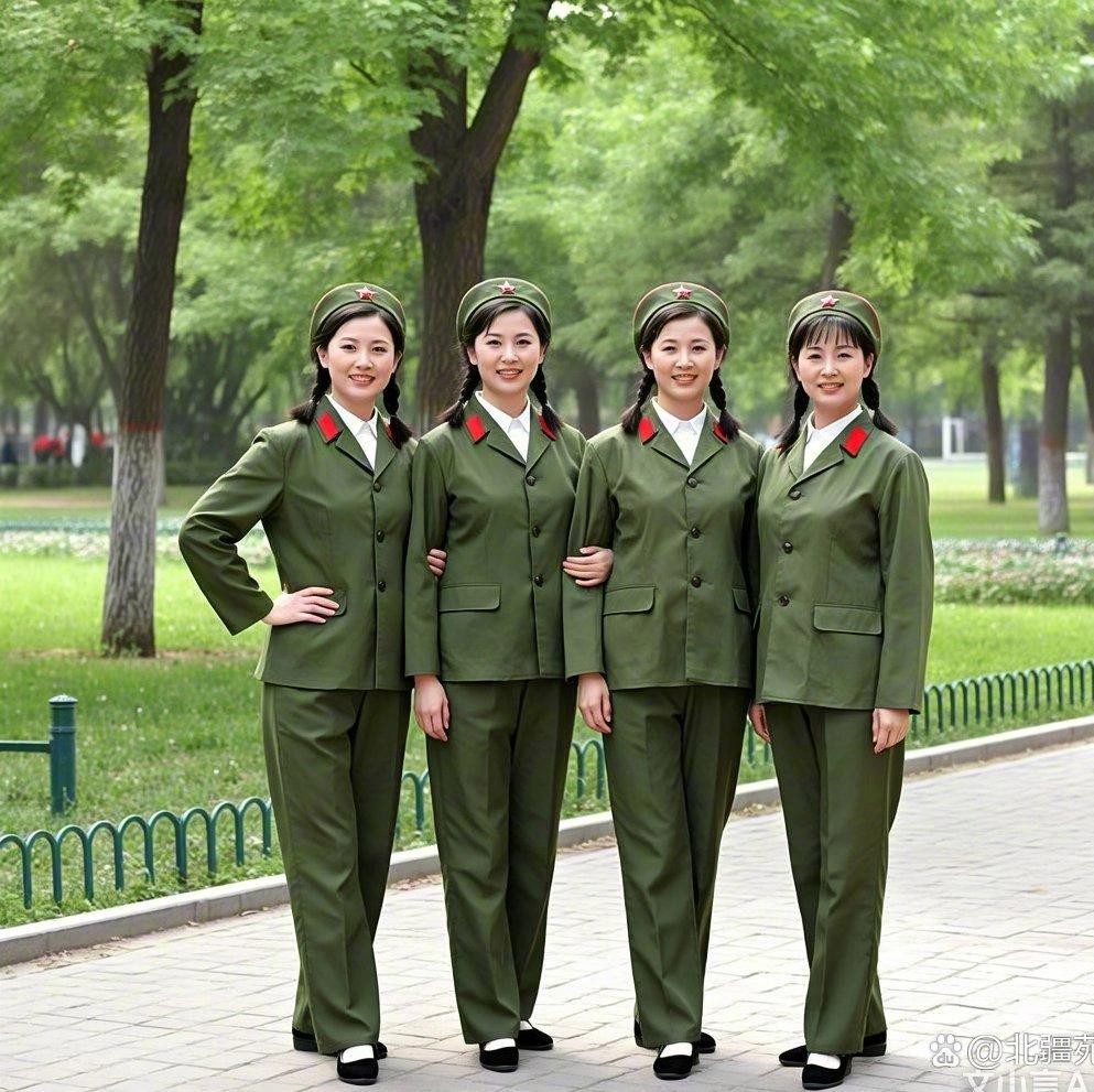 随着快门响起,这一刻被定格,记录下她们在公园的 女兵军装照片女兵