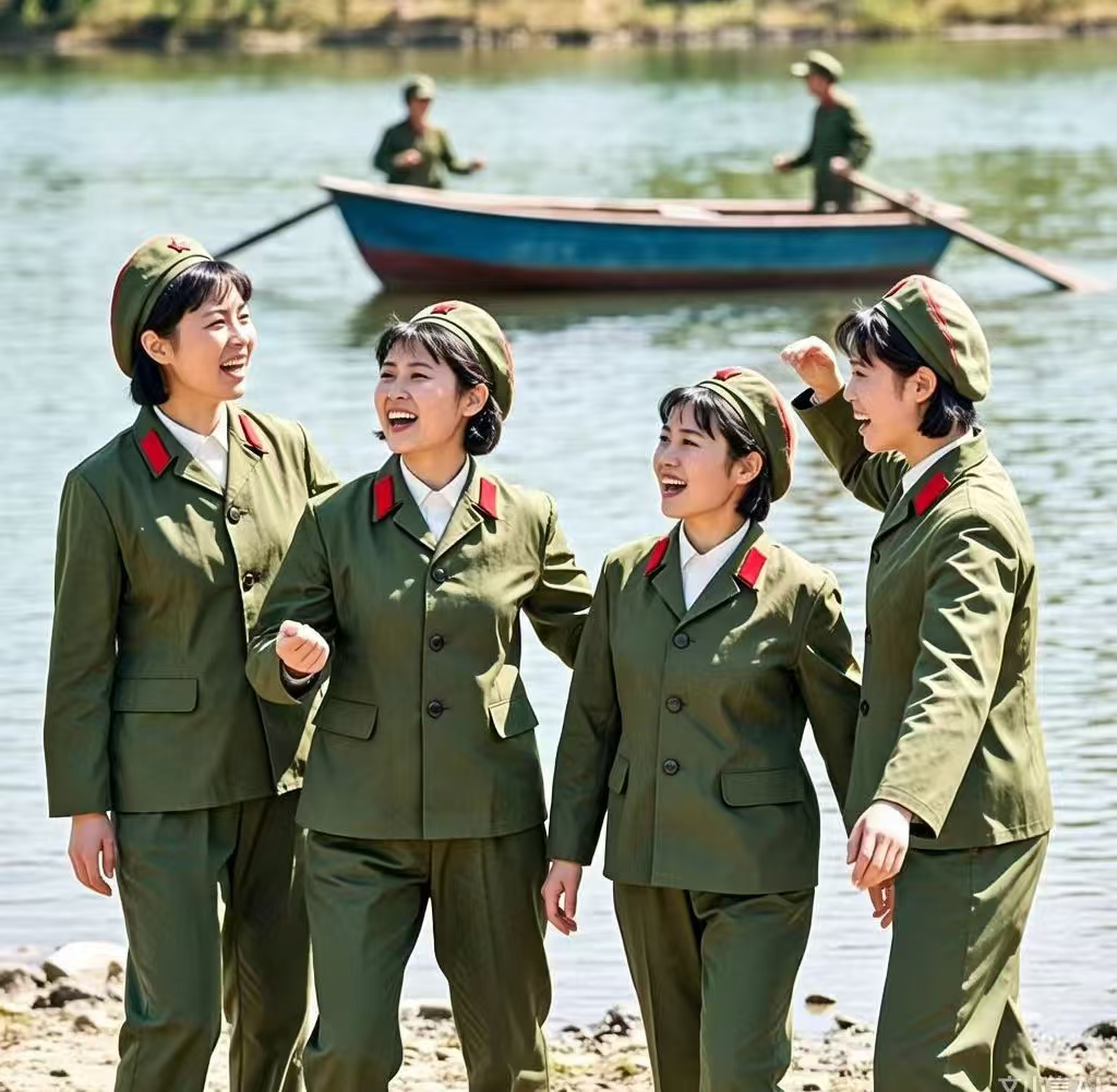 她们身着绿军装,英姿飒爽映湖澜.轻风拂面柳丝舞,女军笑颜如花绽