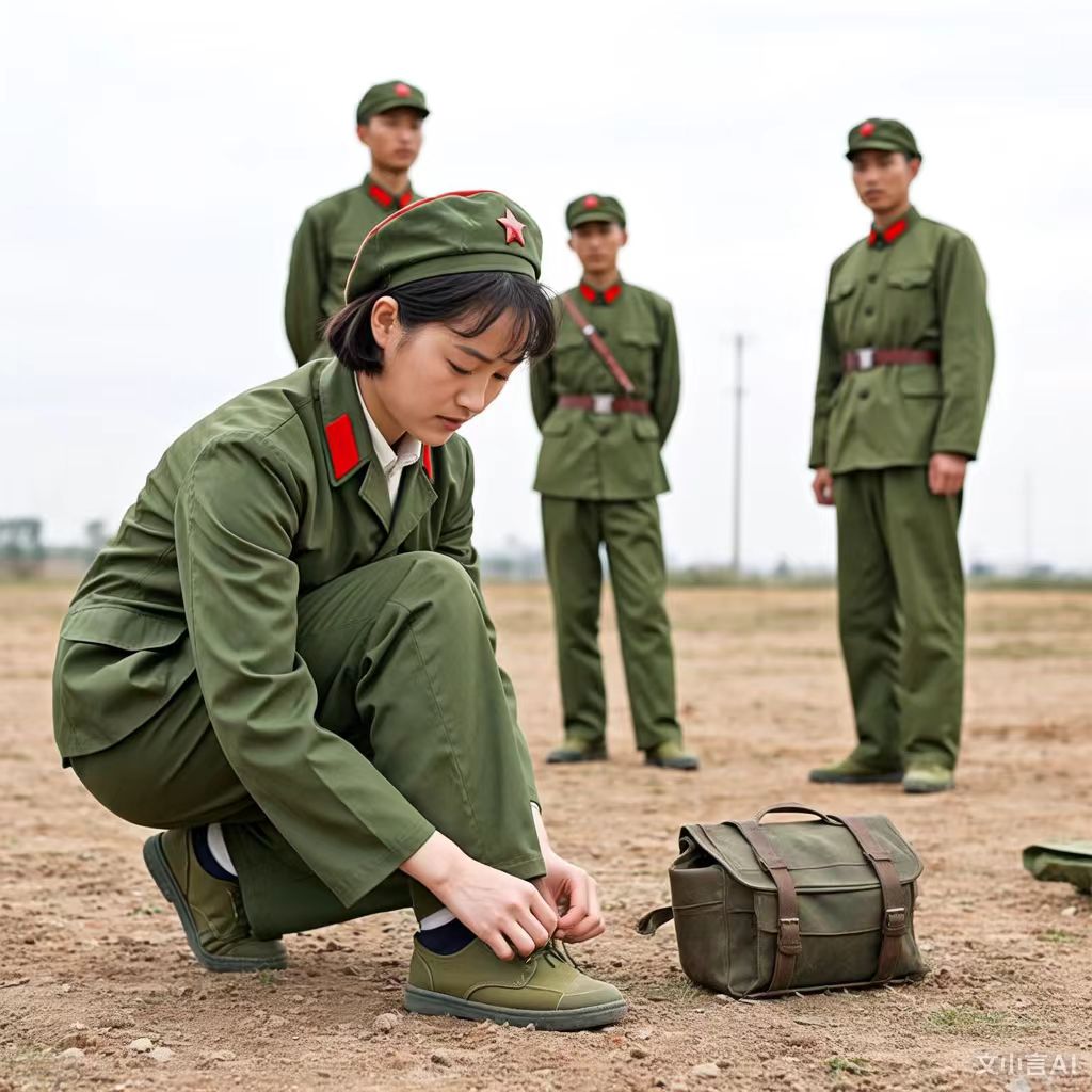 系紧鞋带后,她站起身,跺了跺脚,准备以最佳状态 布鞋女兵军装下跪图片