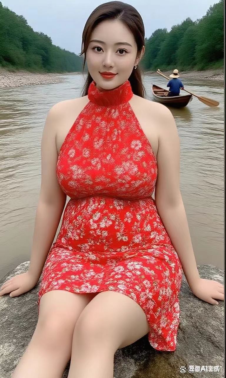 一位身着红碎花裙的美女,轻倚船舷,发丝随风轻舞