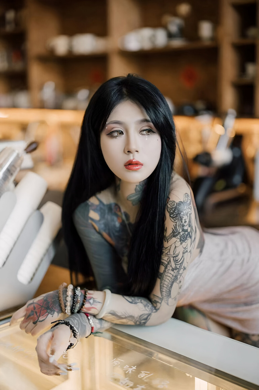 宝藏女孩# #花臂纹身# 一头乌黑的秀发,披肩而下,宛如夜色中的瀑布.