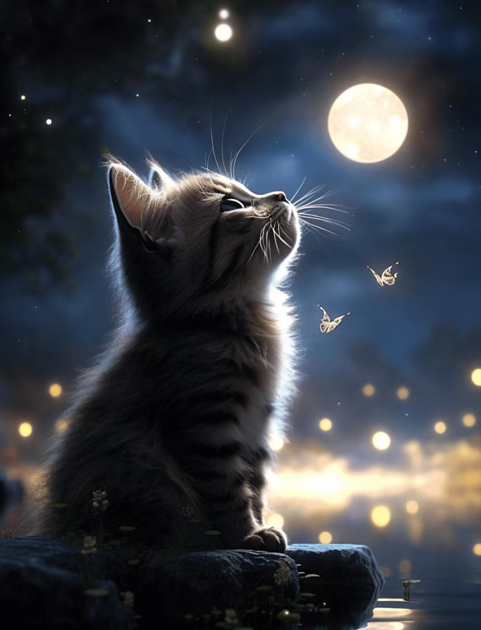 当我看到这只小猫蹲在石头上,仰望着天空中飞舞的蝴蝶和明亮的月亮时
