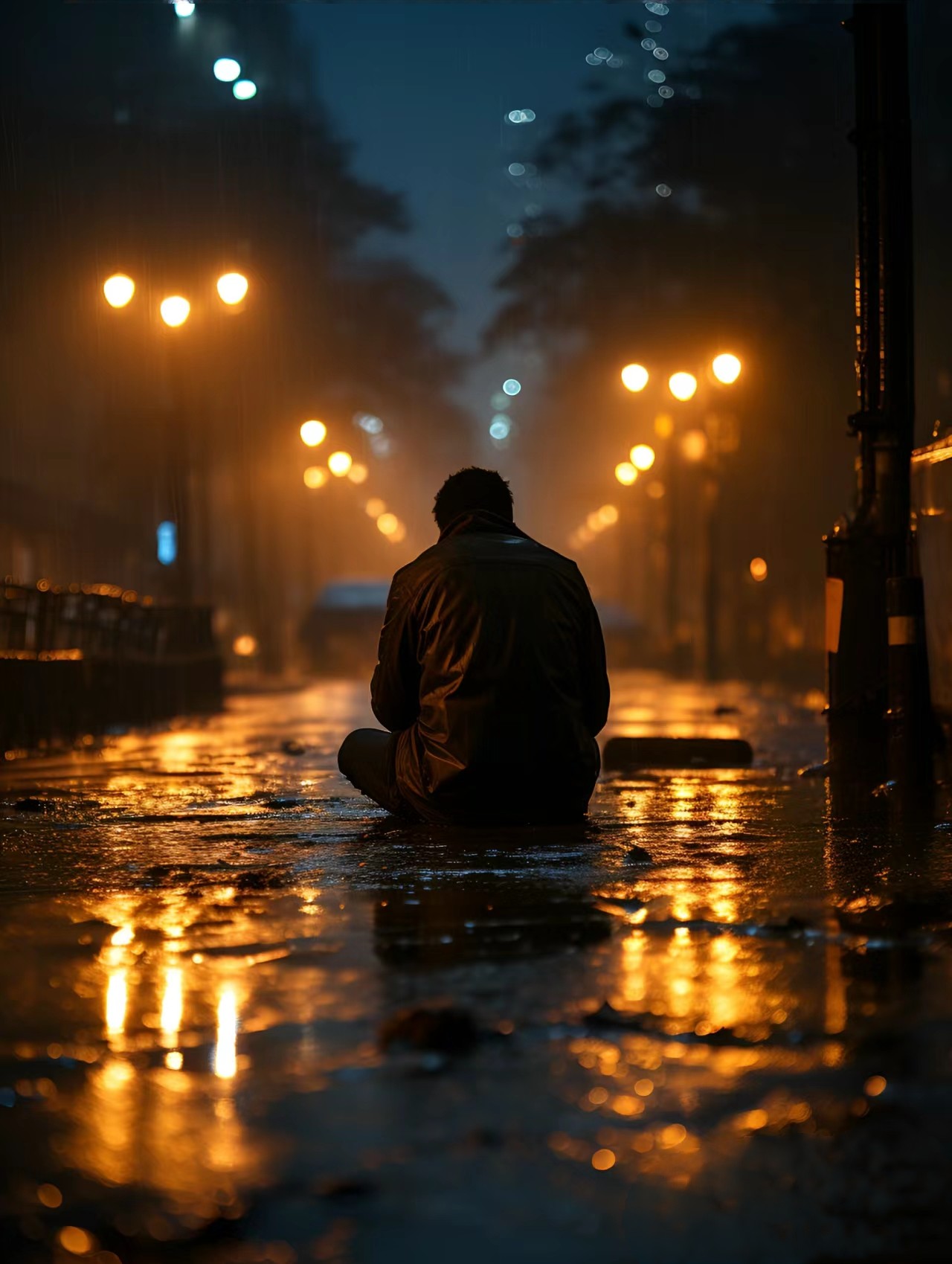 在黑暗的雨夜中,一位男子孤独地蹲在街道旁,仿佛整个世界都与他无关
