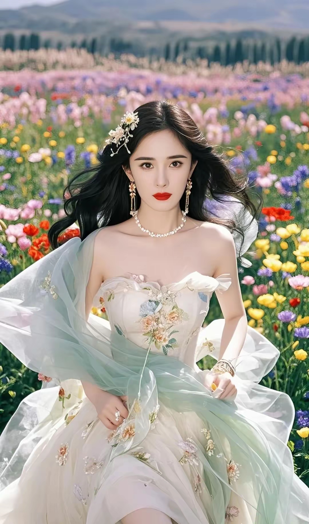 杨幂一身抹胸婚纱连衣裙,置身花海,犹如花海中的仙女,如梦似幻,美得让