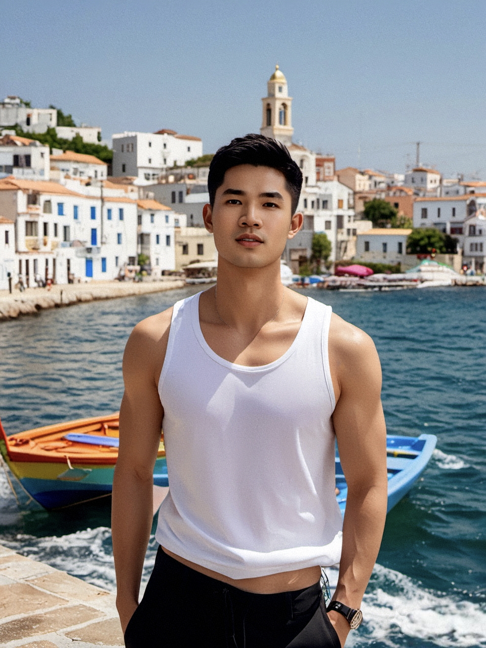 码头上,一位身着白色衬衫的年轻肌肉帅哥,身姿挺拔