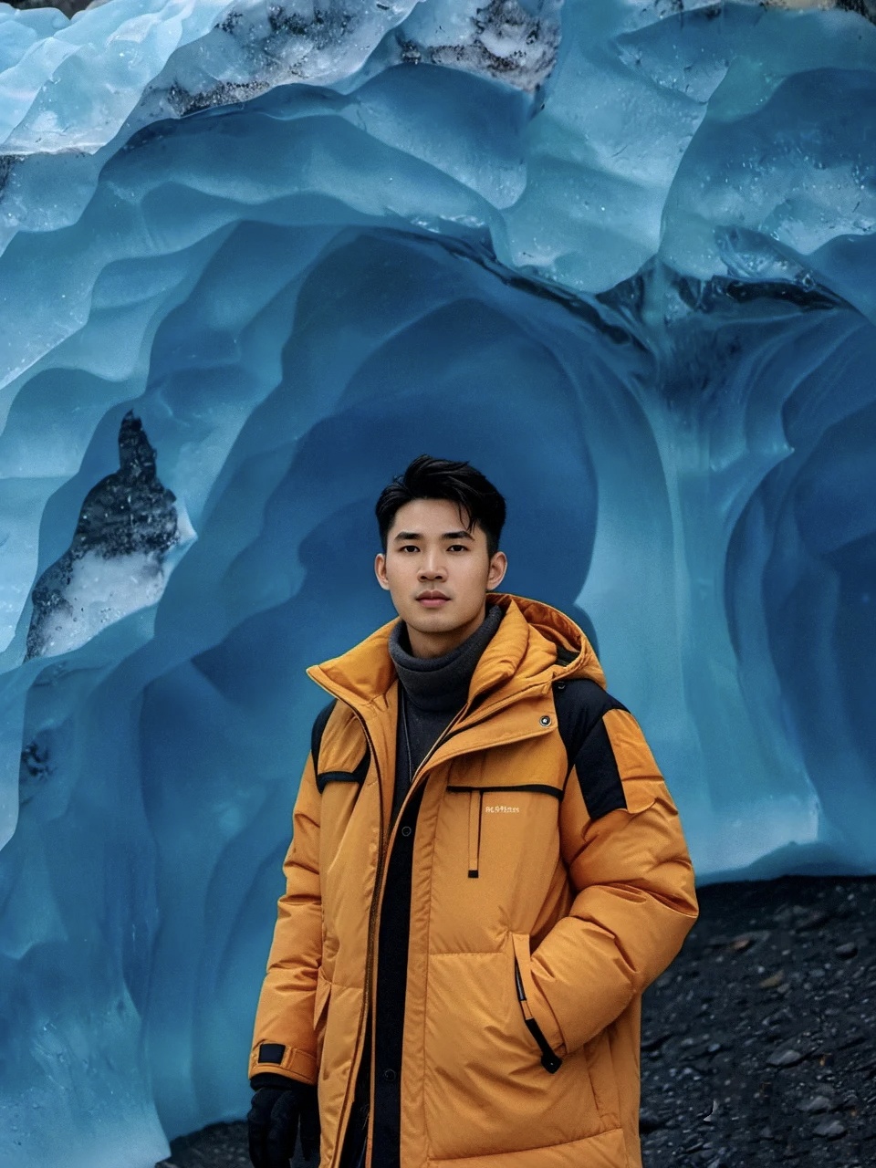 当阳光穿透冰层,折射出梦幻般的蓝色光芒,整个冰洞仿