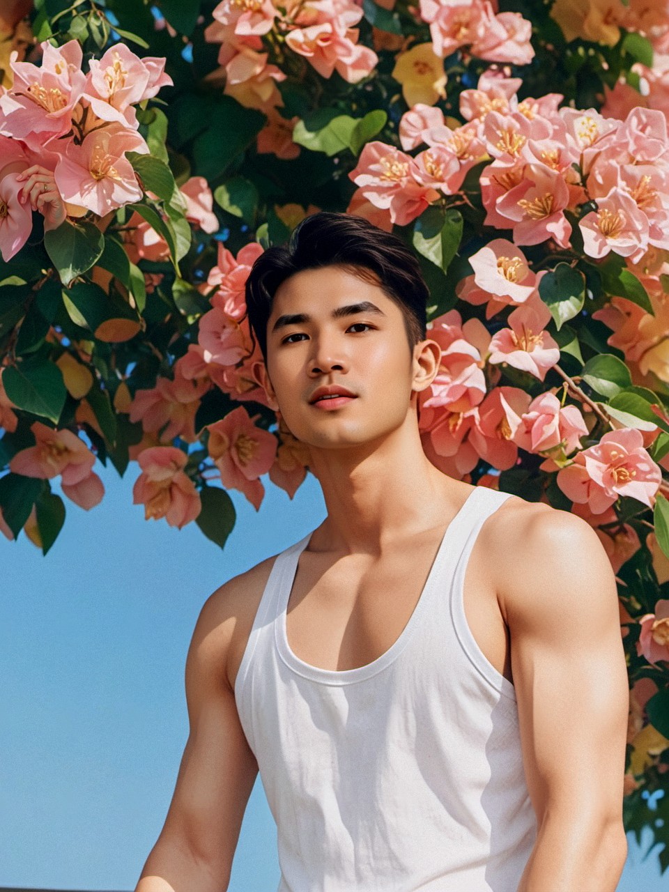 一位帅哥漫步花间,他的笑容比花儿更加灿烂,眼神里藏着对生活的热爱