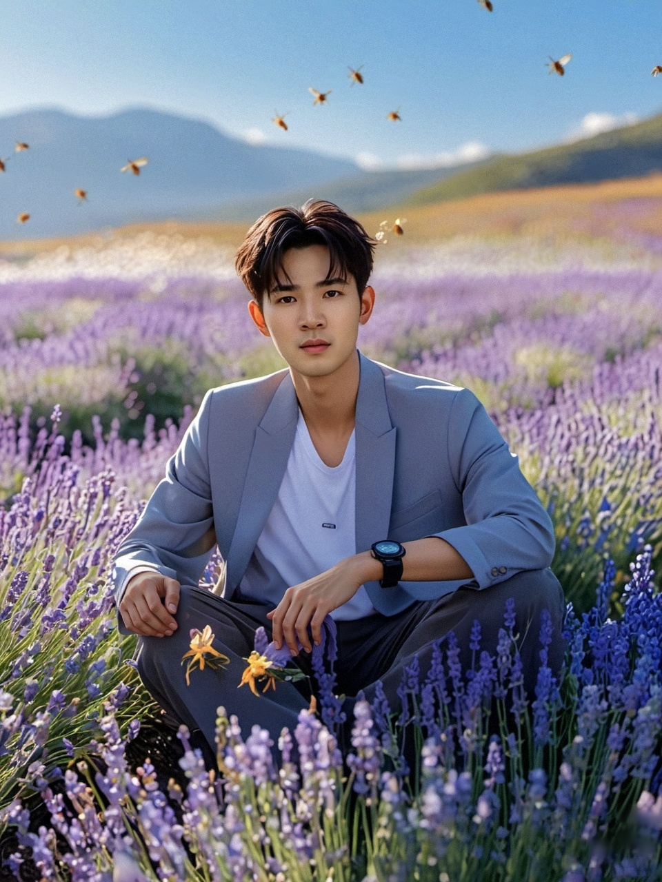 帅气阳光的年轻帅哥,坐在在宁静悠远的薰衣草花田