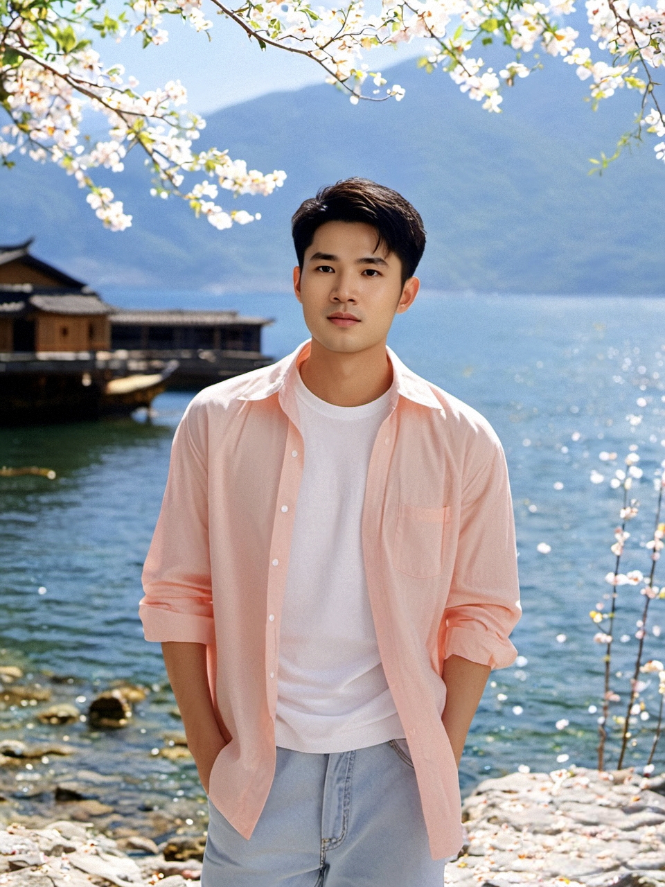 一位帅哥临风而立,目光深邃而悠远,似在穿越时光与空间的阻隔