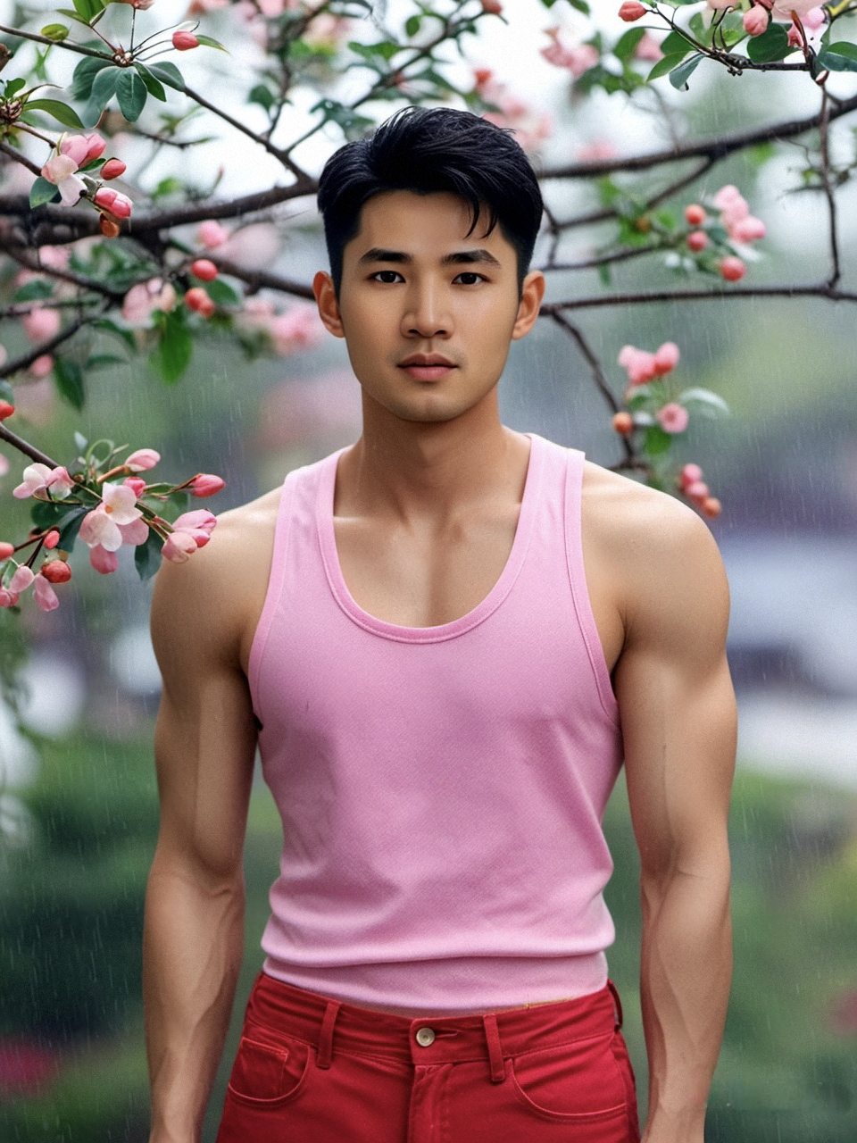 他静立于花下,海棠花瓣在丝雨中飘落,似粉色的蝶,绕着他翩跹