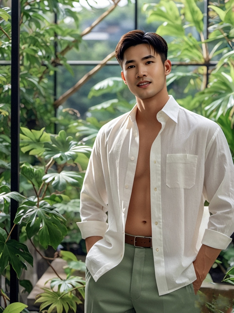 绿意盎然间透出一缕缕温柔的阳光,如同淡雅的水墨画中走出的帅哥,带着