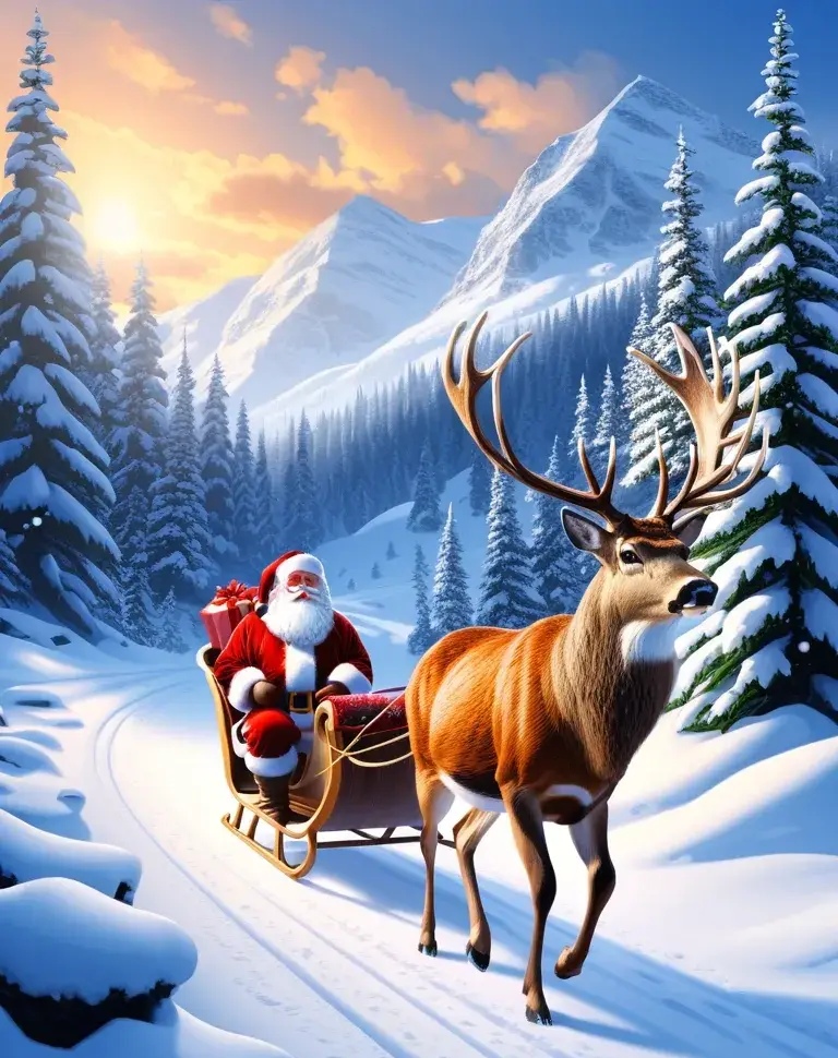 他坐在驯鹿拉的雪橇上,飞驰在雪山上,送出了一份份礼物.