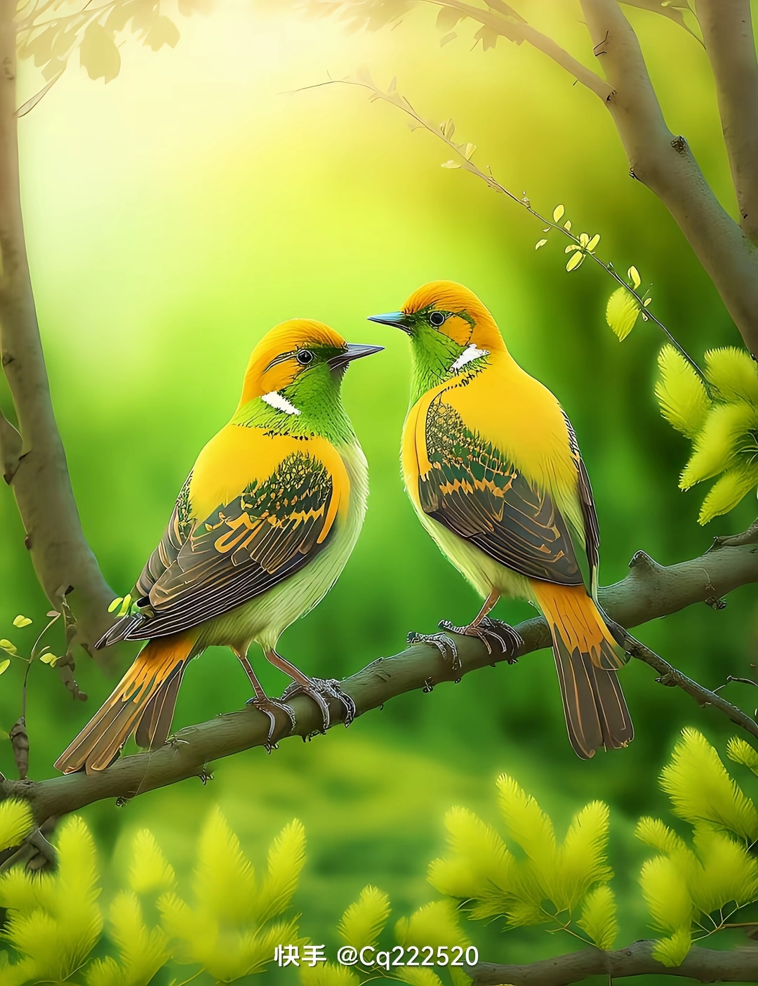 "两只鸟儿在树枝上,一只是明亮的绿色,另一只是鲜艳的橙色.