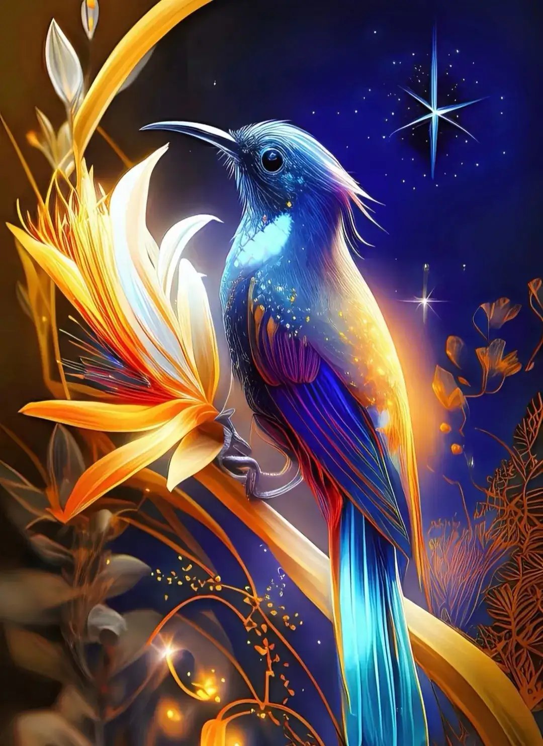 深蓝色的夜空下,这只鸟儿与大黄花共舞,形成了一幅令人难以忘怀的