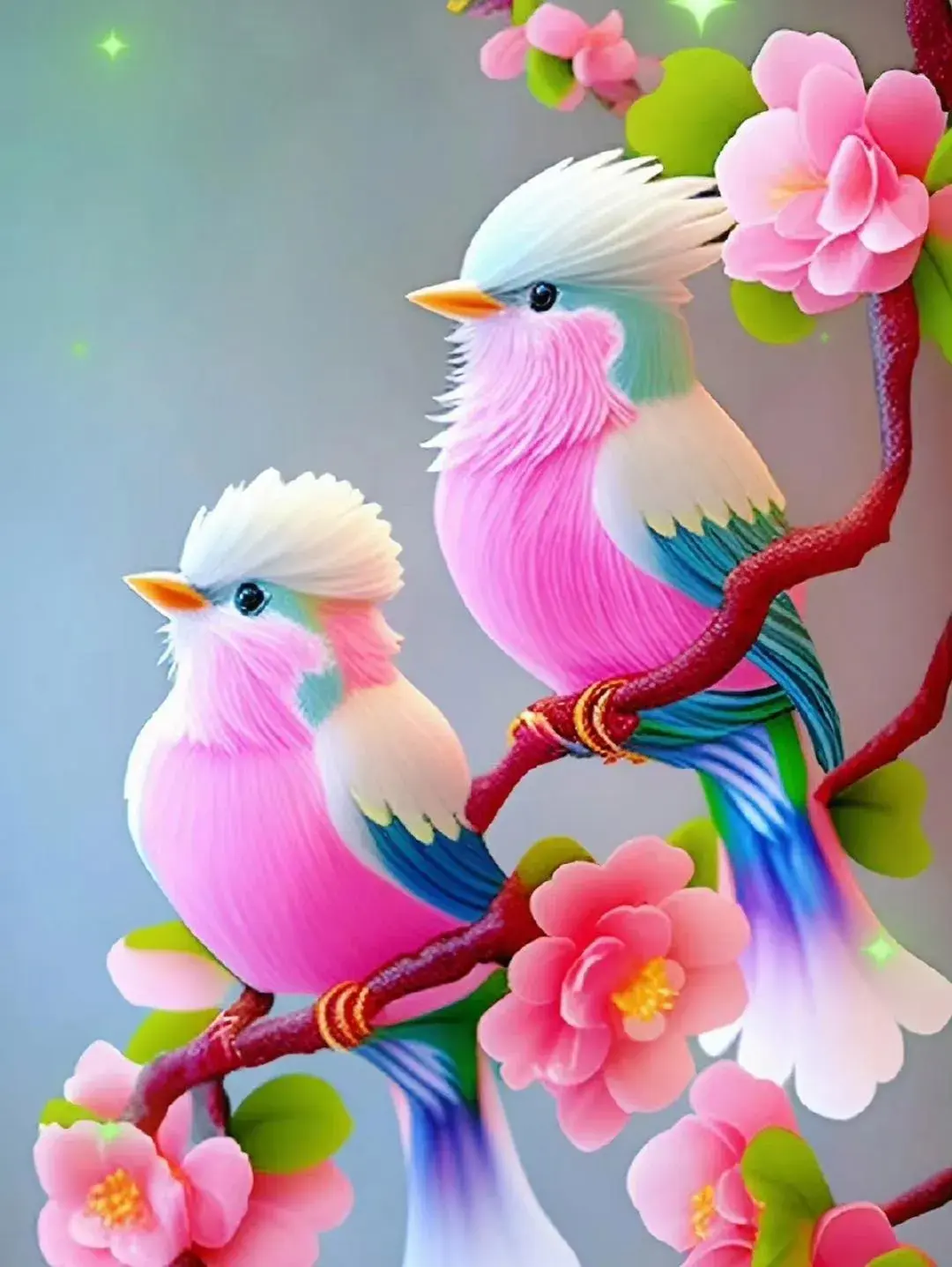 95漂亮的壁纸95 两只小鸟,在树枝上静静的欣赏着美丽的花朵和绿叶