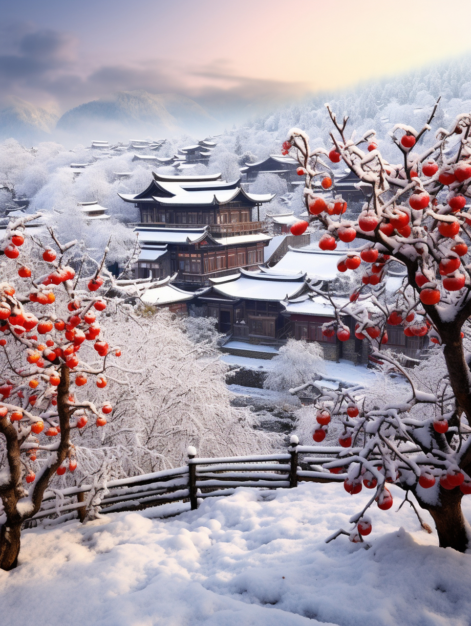 大雪铺满整个街道,冬天的柿子树上挂满了金黄色的柿子,阳光下格外耀眼