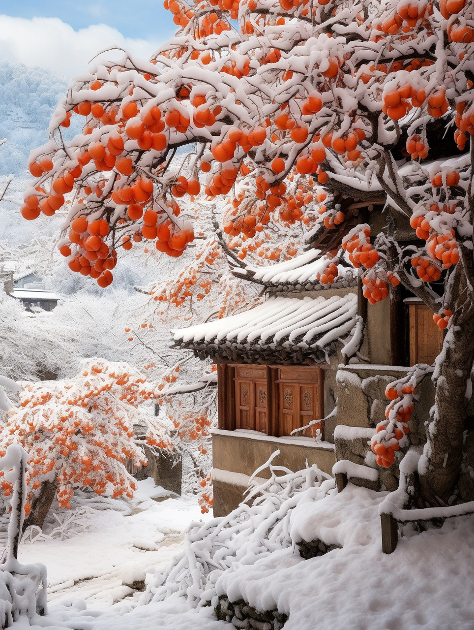 大雪铺满整个街道,冬天的柿子树上挂满了金黄色的柿子,阳光下格外耀眼