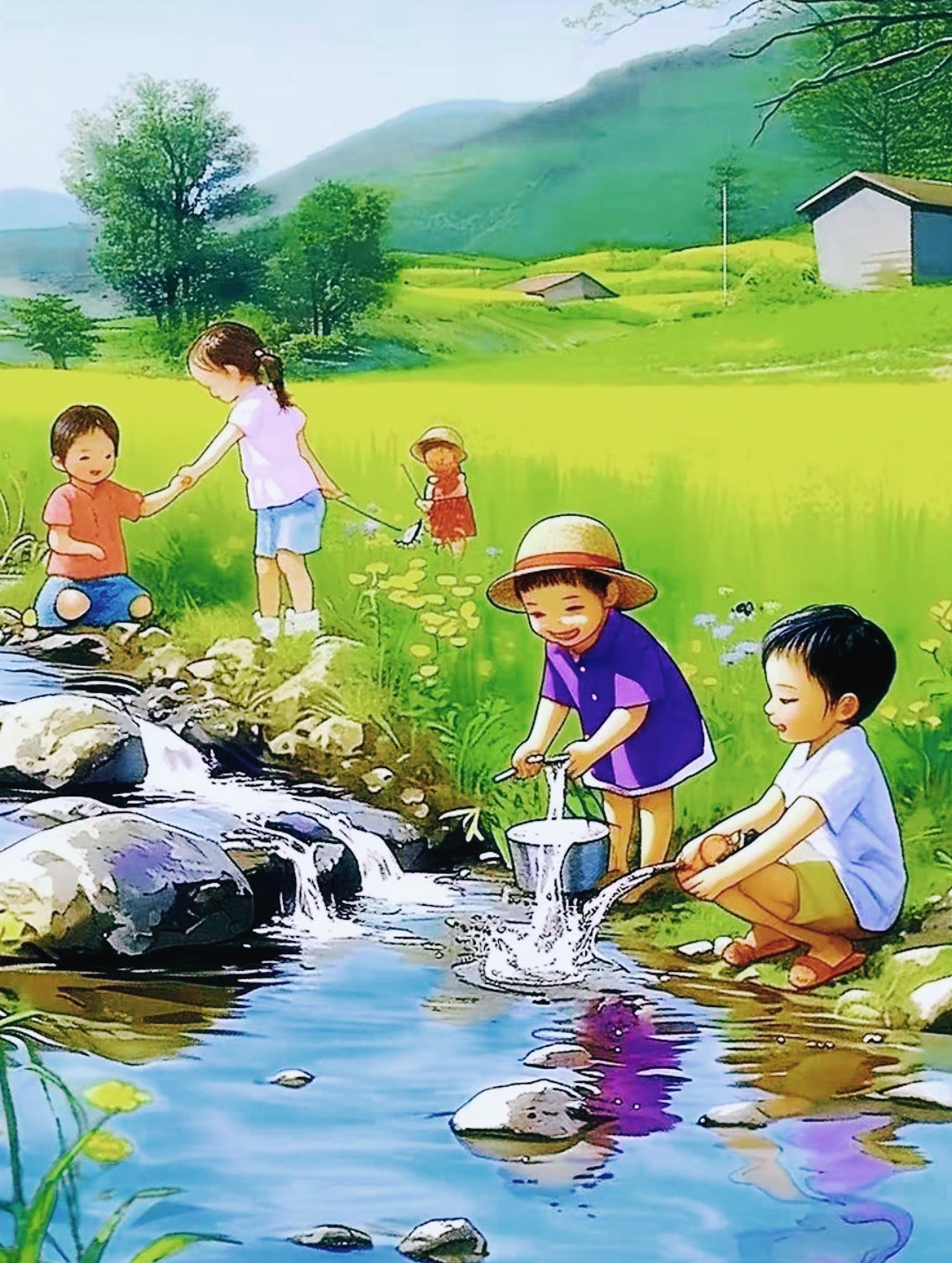 乡野童趣,小溪边的欢乐时光,走进绿意盎然的乡村,那些穿着各式各样