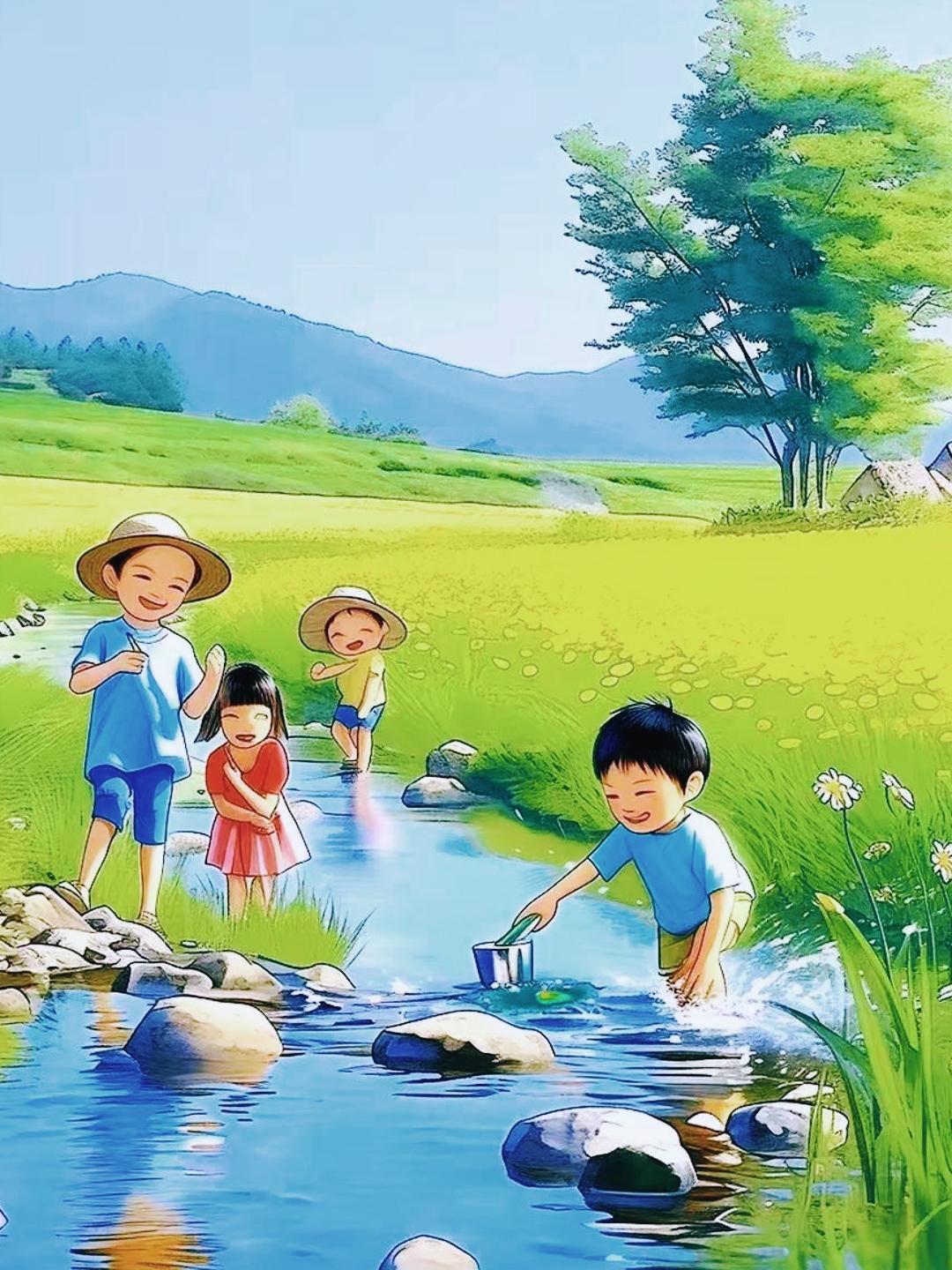 乡野童趣,小溪边的欢乐时光,走进绿意盎然的乡村,那些穿着各式各样