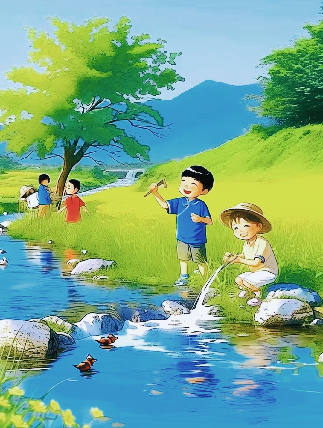 乡野童趣,小溪边的欢乐时光,走进绿意盎然的乡村,那些穿着各式各样