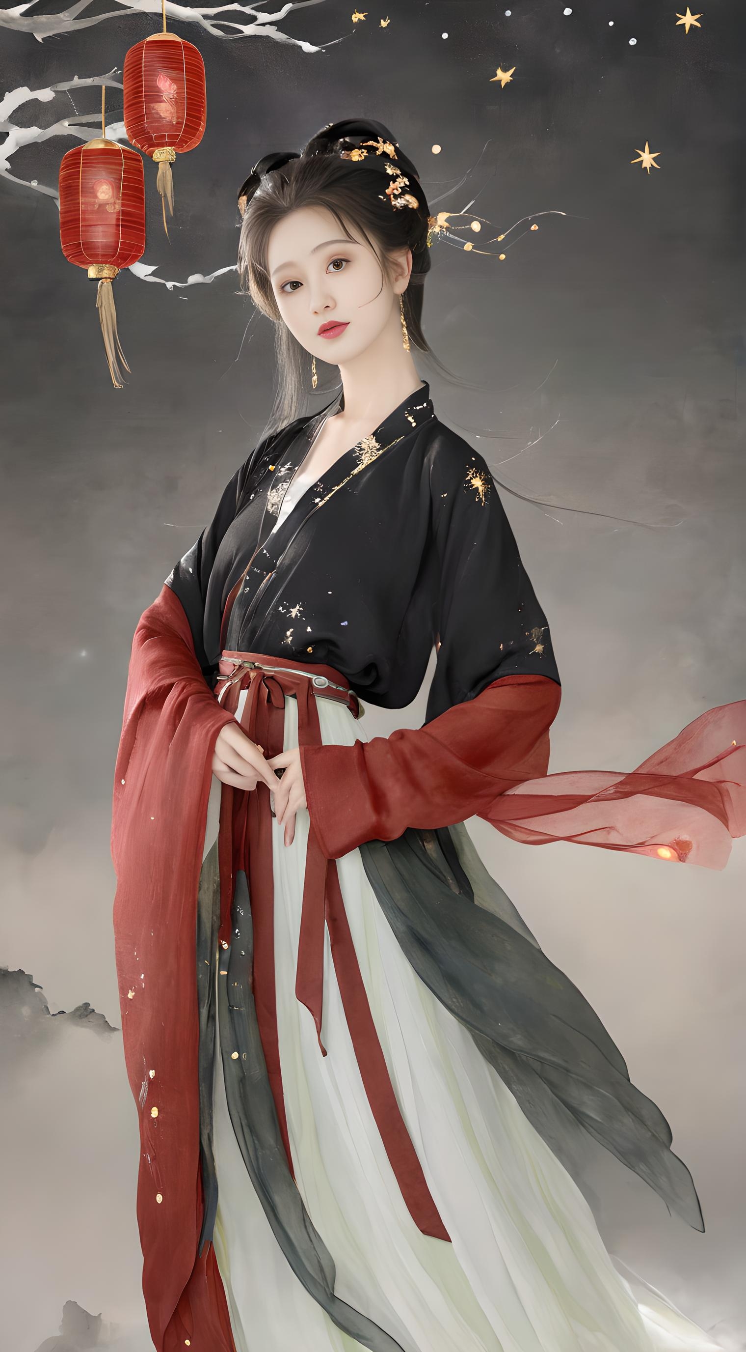 她穿着传统汉服,红白相间的色彩搭配显得既典雅又高贵.