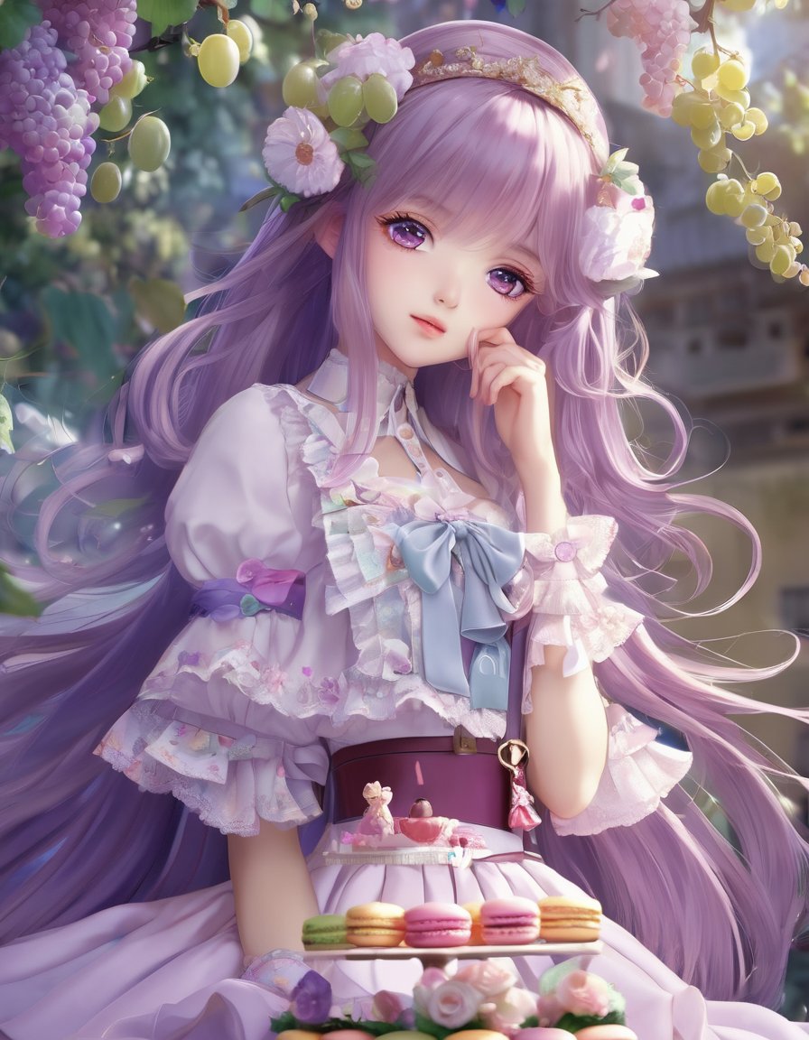 一位梦幻般的动漫女孩,拥有紫色长发和粉红色眼睛,身着白色衬衫和