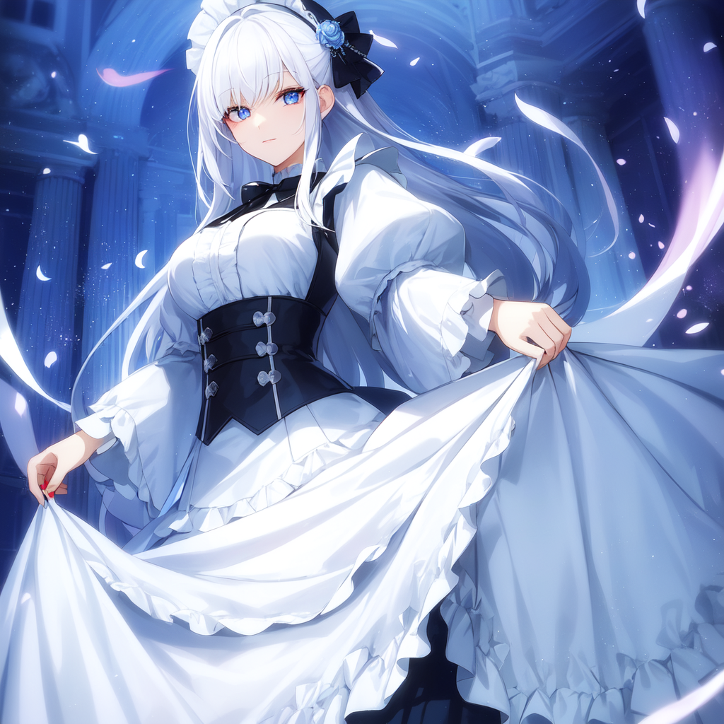 她有着银白色的长发和迷人的蓝色眼睛,身着白色礼服,显得优雅而高贵.