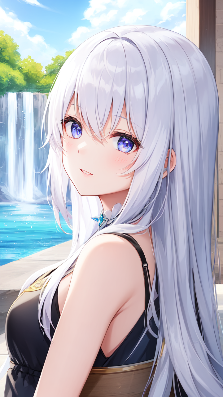 一个金发碧眼的动漫风格女性角色,她的形象优雅而温柔.