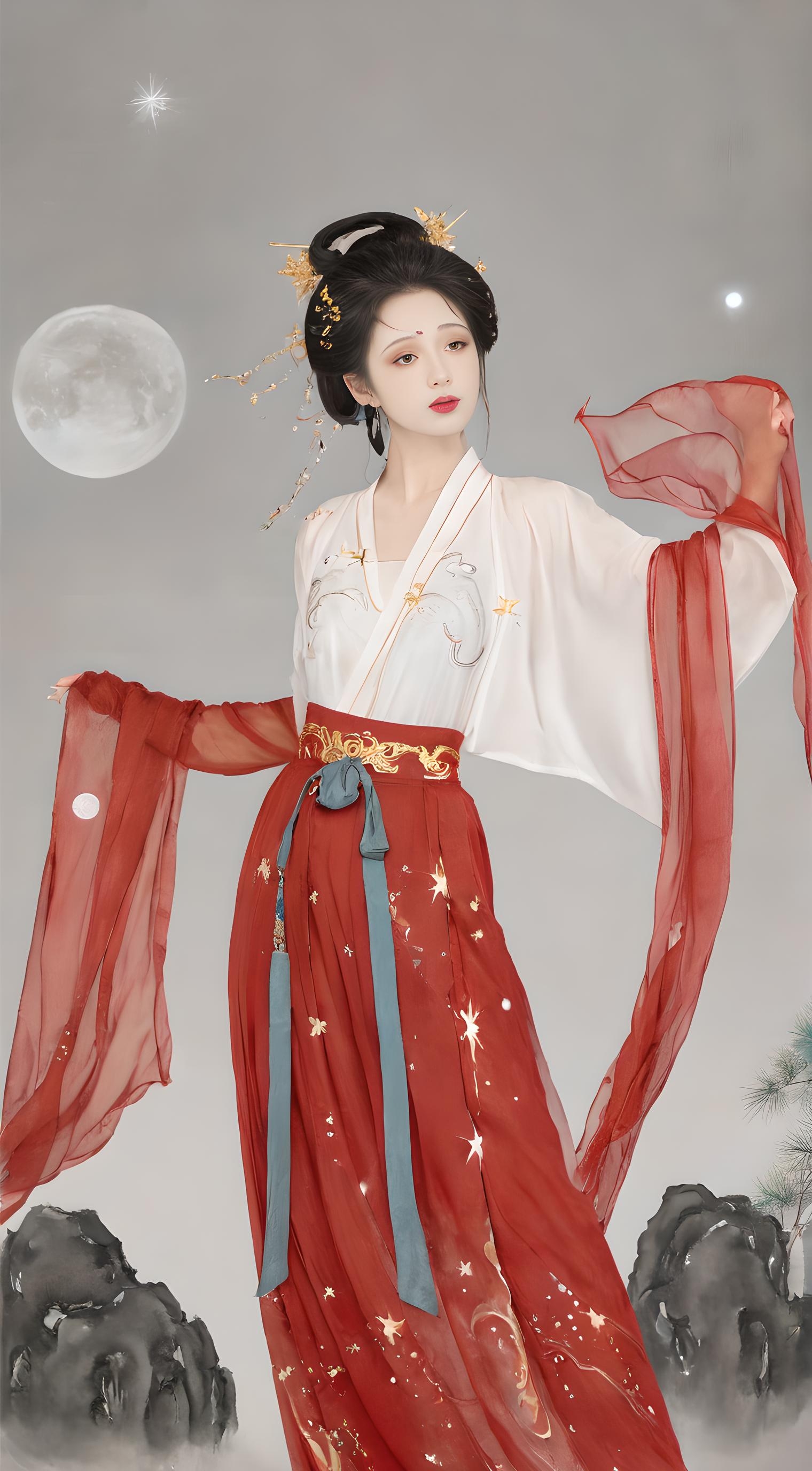 她穿着传统汉服,红白相间的色彩搭配显得既典雅又高贵.