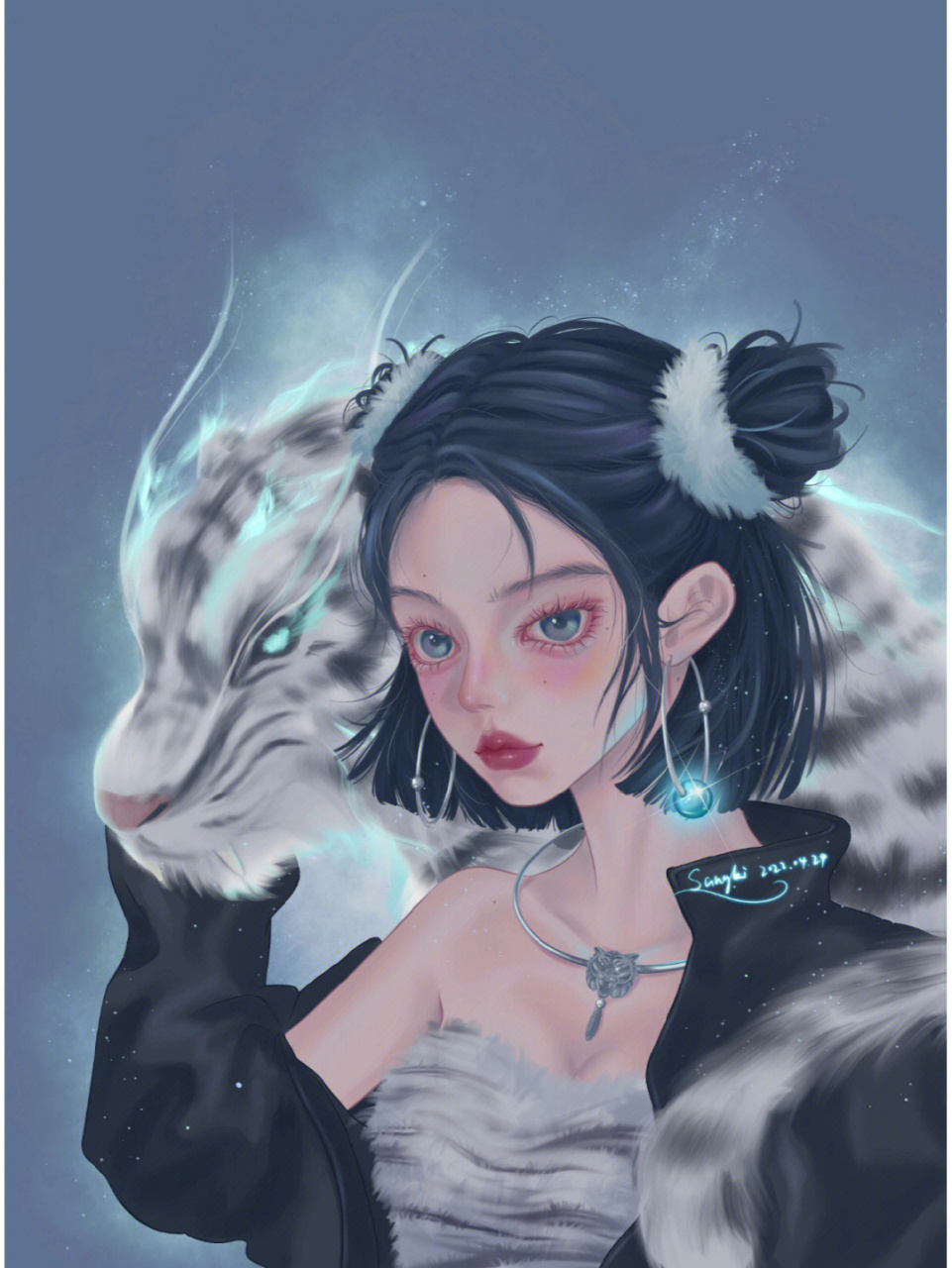 山海经拟人·「白虎」「九尾狐」「青耕」「毕方鸟」「夫诸」  画师