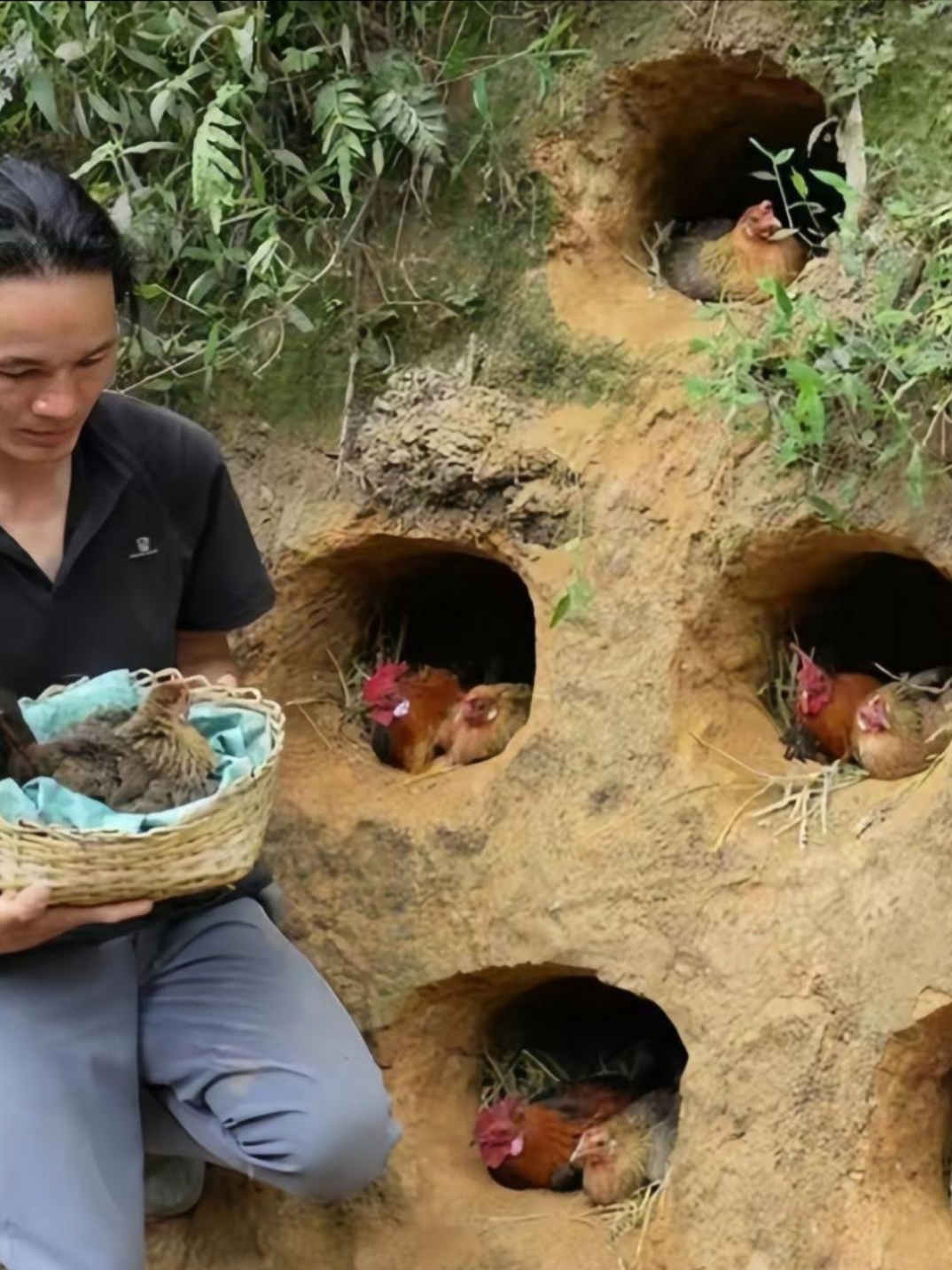 他在农村养鸡,他的养法与众不同,竟然在土墙上挖了几十个洞作为鸡窝