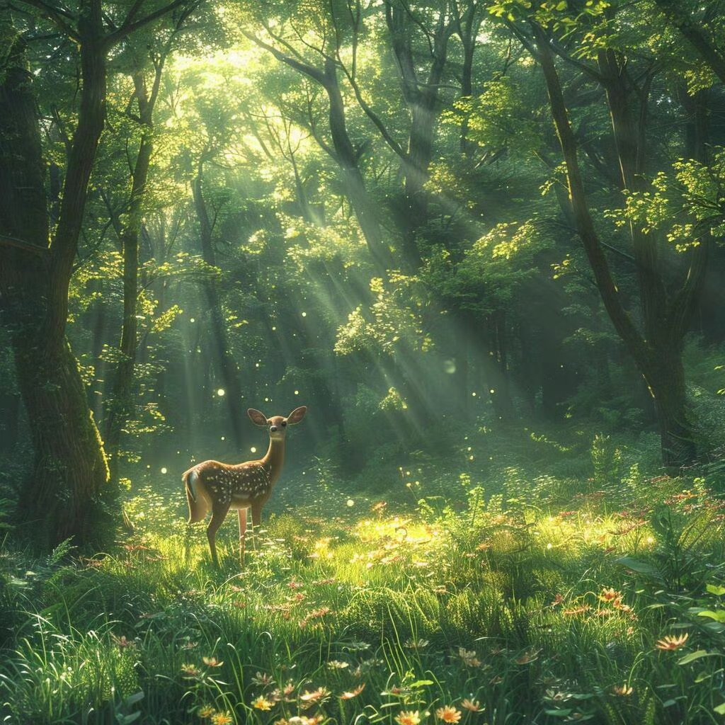 森林里的小鹿,阳光洒下来,美得像幅画. 林深见鹿 一路好运