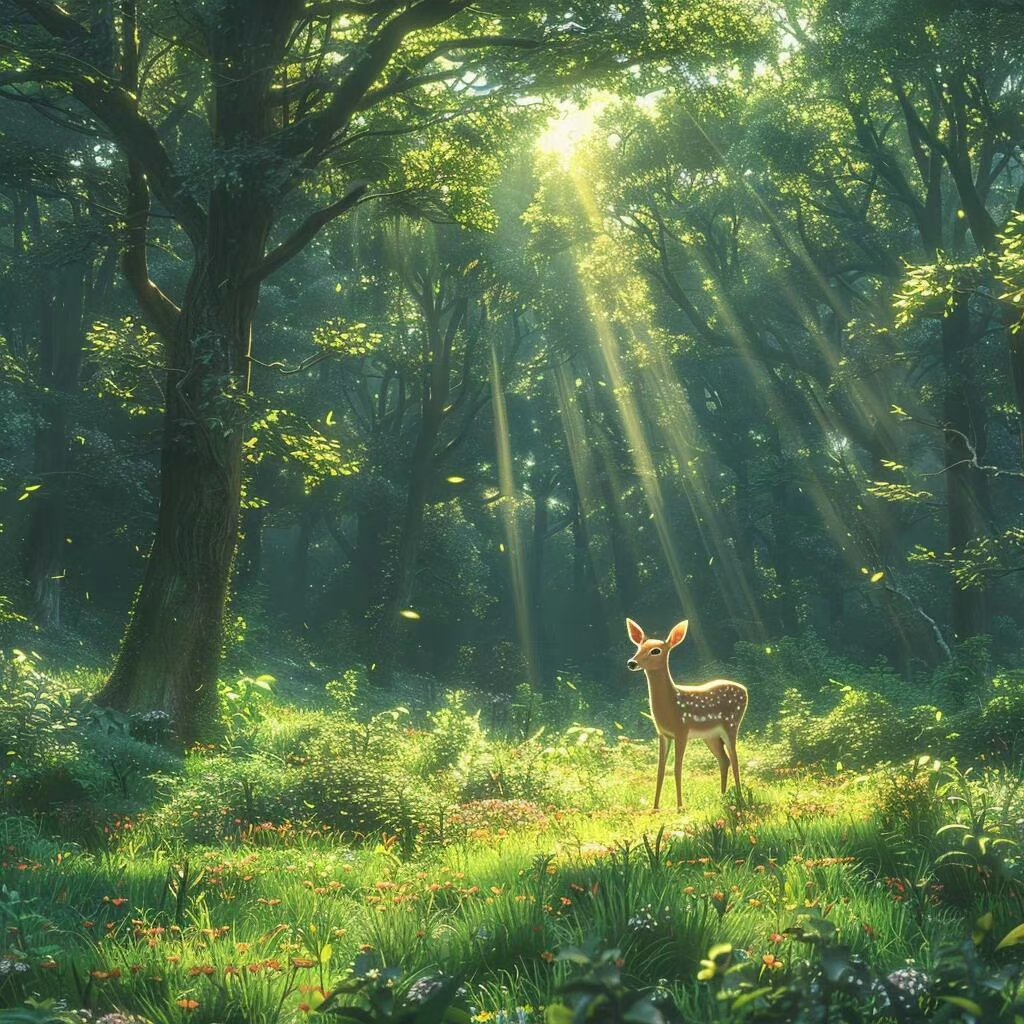 森林里的小鹿,阳光洒下来,美得像幅画. 林深见鹿 一路好运