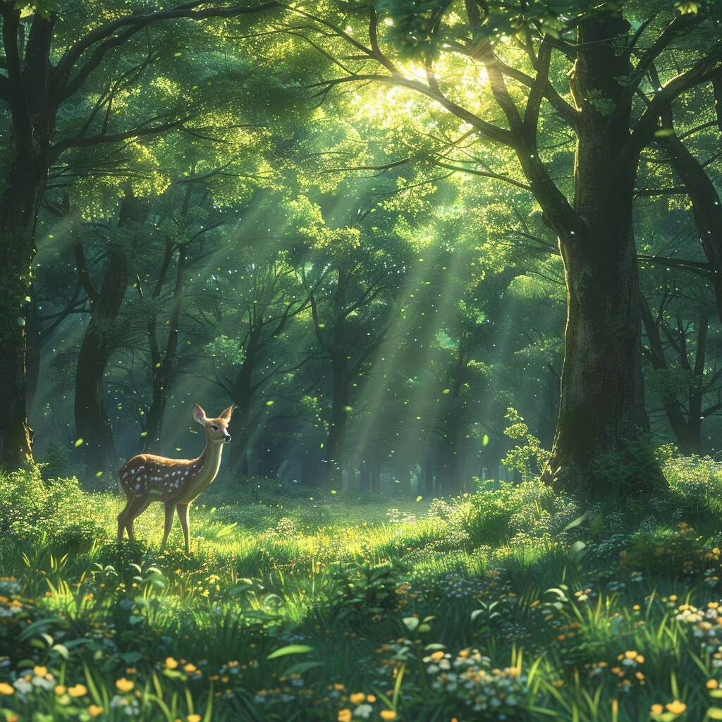 森林里的小鹿,阳光洒下来,美得像幅画. 林深见鹿 一路好运