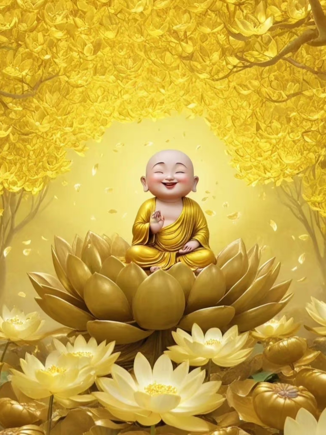 坐在金色莲花上的小和尚,带来一片祥和,点赞祈福,转发增慧.