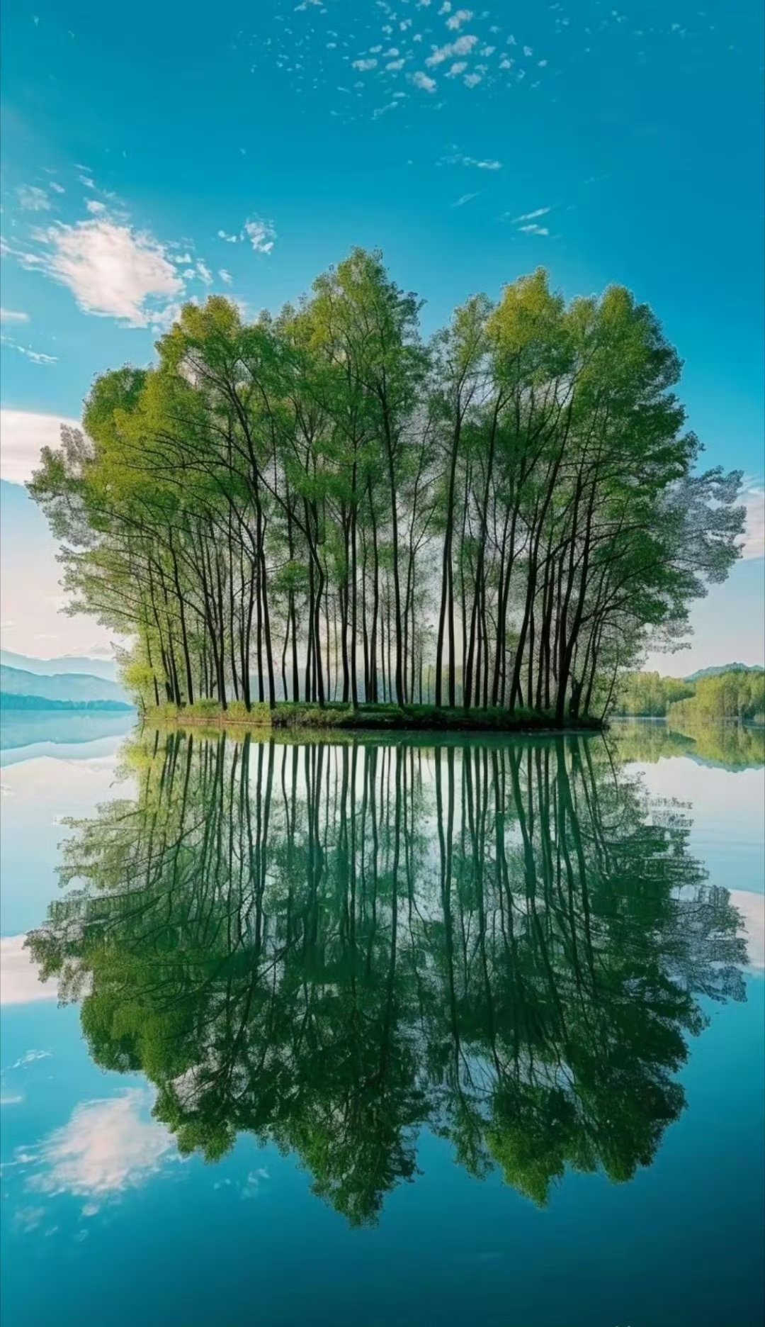 静谧的湖面倒映着参天大树,它们在湖水中显得神秘又宁静,构成一幅天然