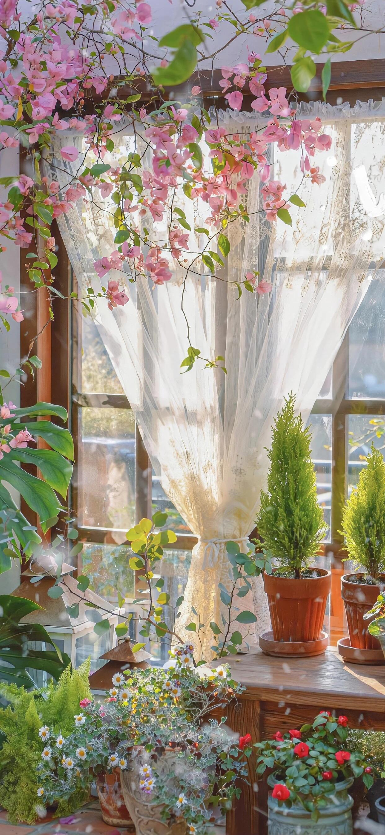 窗台上的绿植们沐浴着阳光,粉色的花朵垂下来,仿佛在对我微笑
