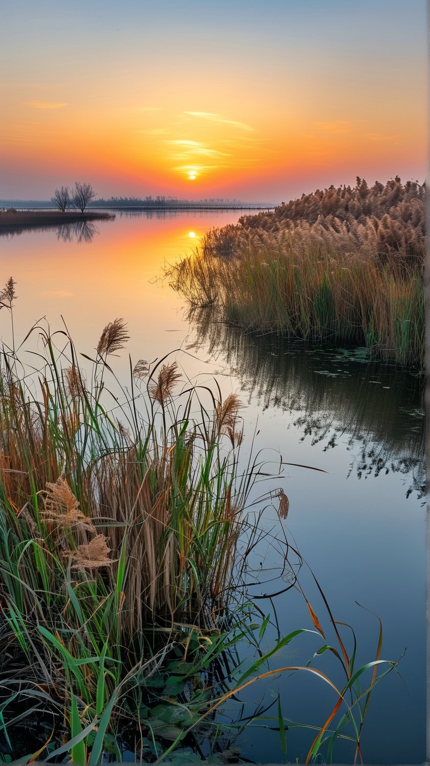 夕阳下的芦苇荡,宁静而美好