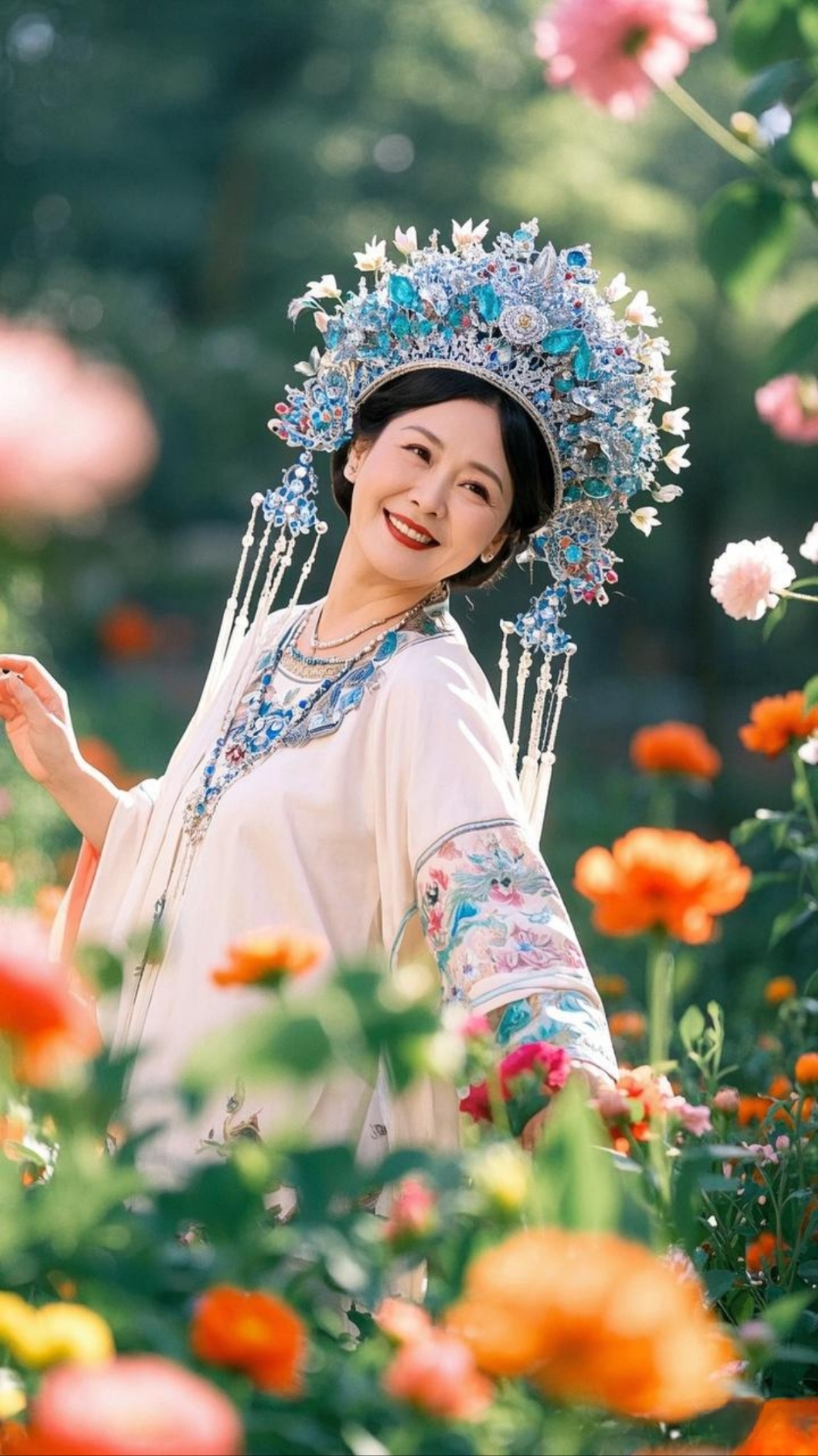 花海绚烂,身着唐装的年轻阿姨亭亭而立,唐装的精美刺绣在阳光下熠熠