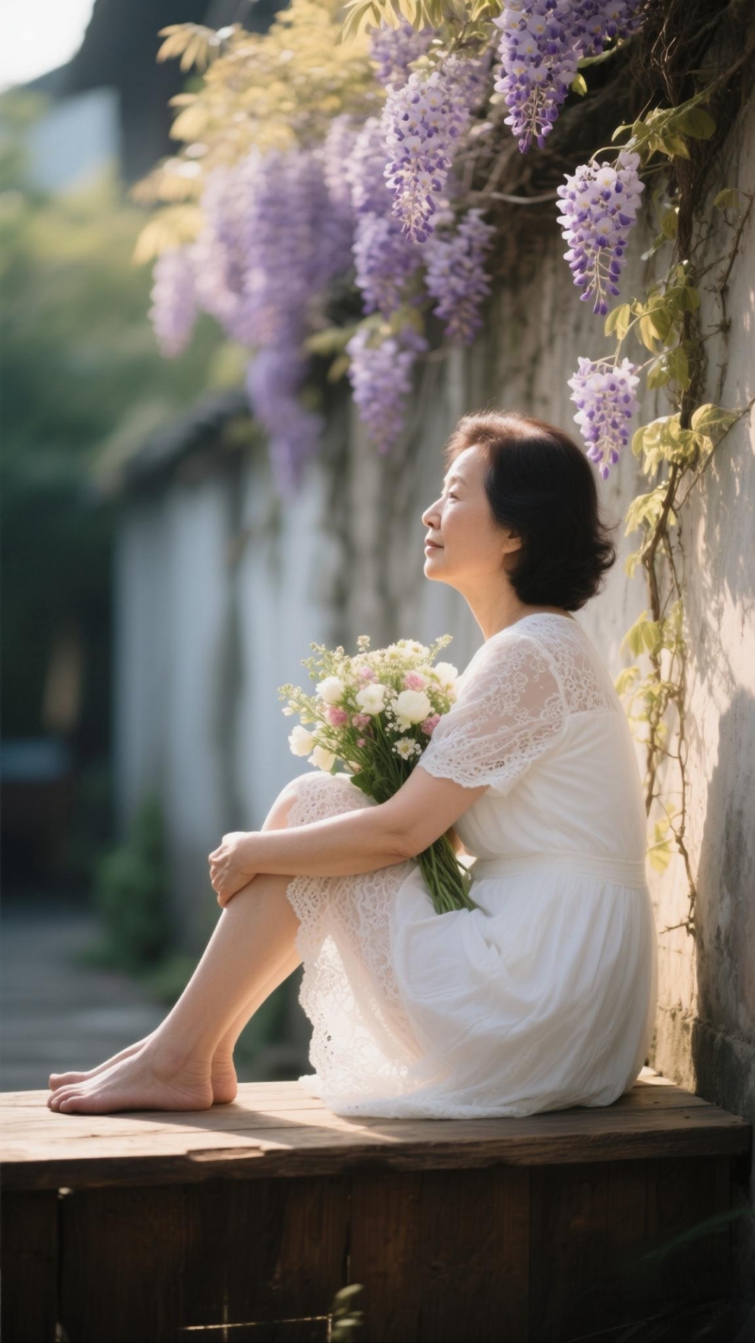 白色蕾丝连衣裙简约优雅,年轻阿姨坐在紫藤花下的小木凳上,闻着花香