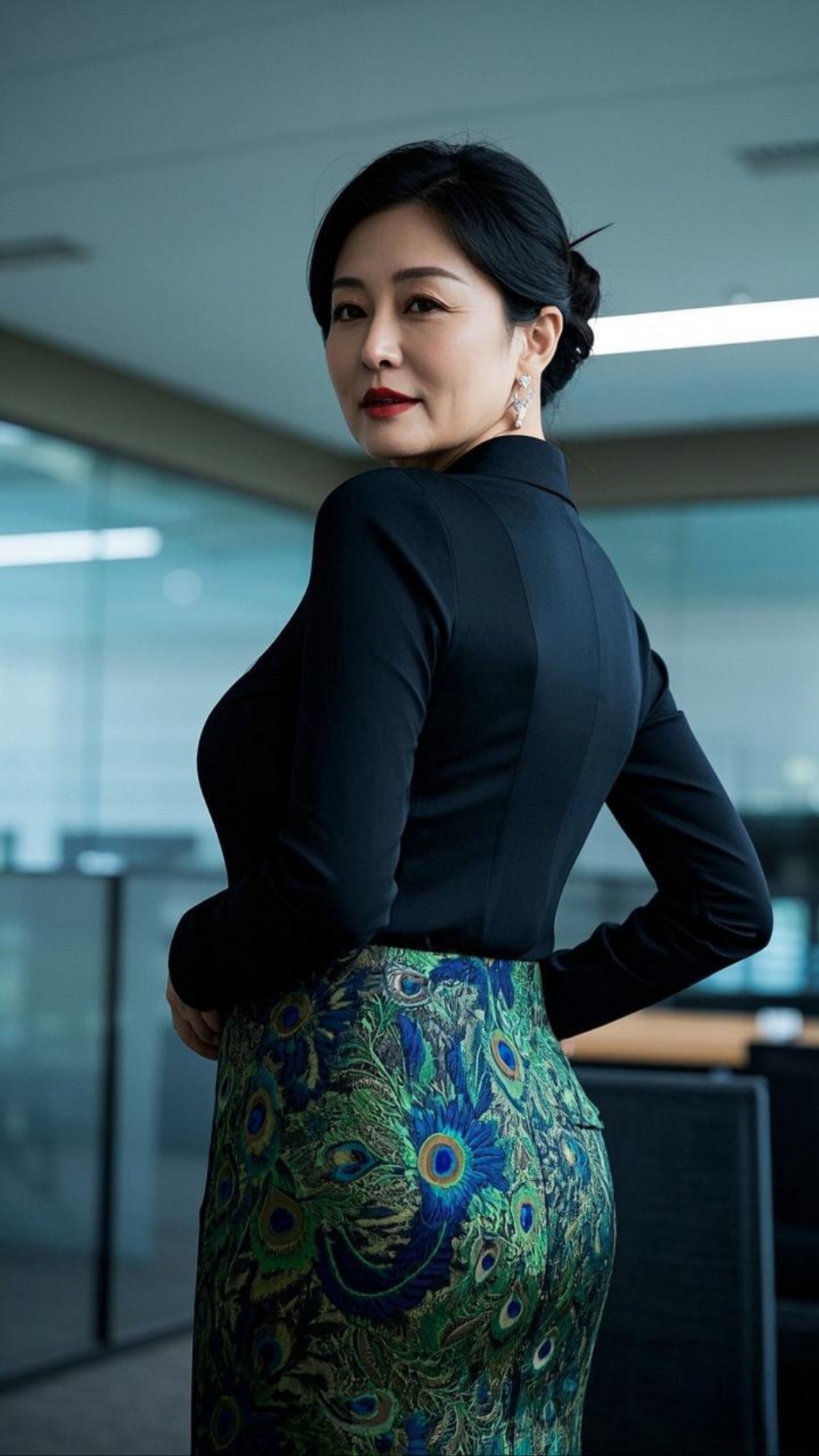 黑色紧身长袖衬衫,修身的剪裁勾勒出利落线条,彰显干练