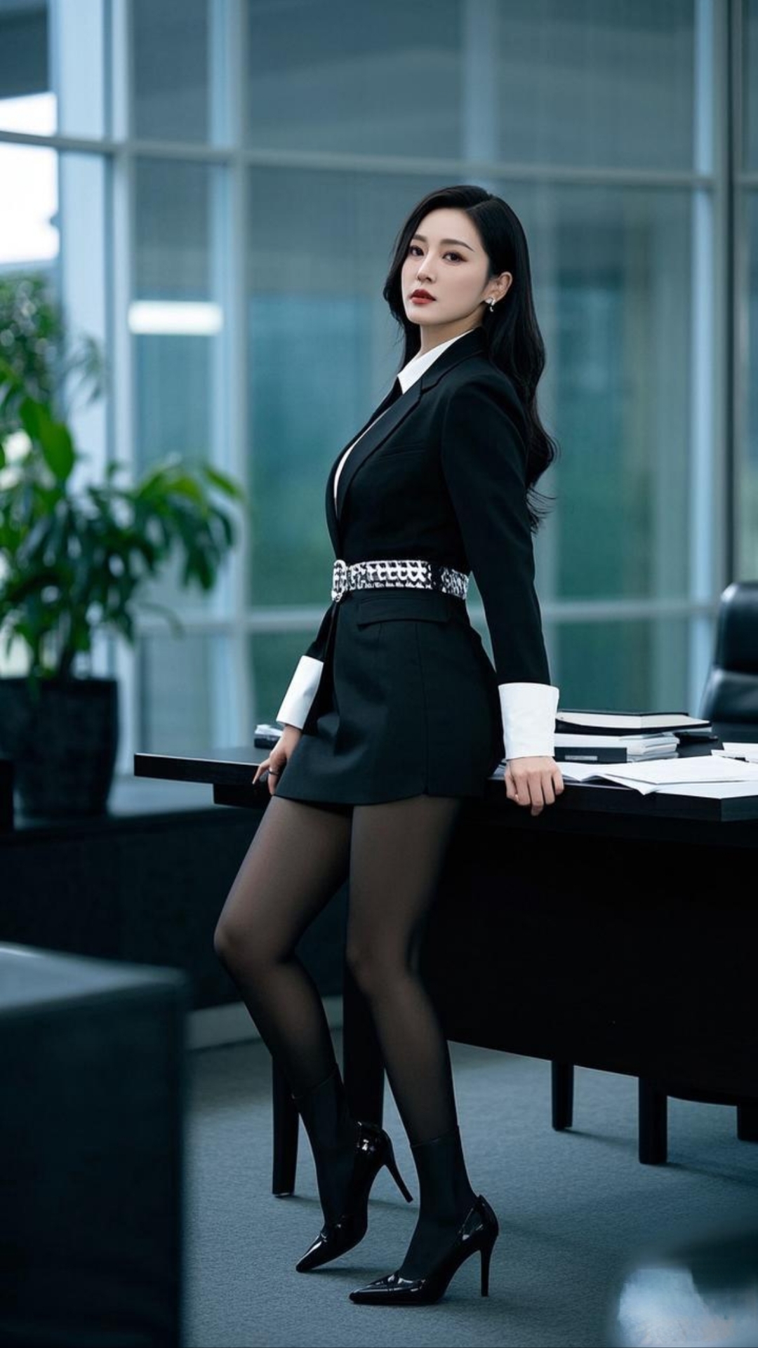 身着黑色紧身西服,利落线条勾勒出飒爽身姿,内搭的白色长袖衬衫简约又