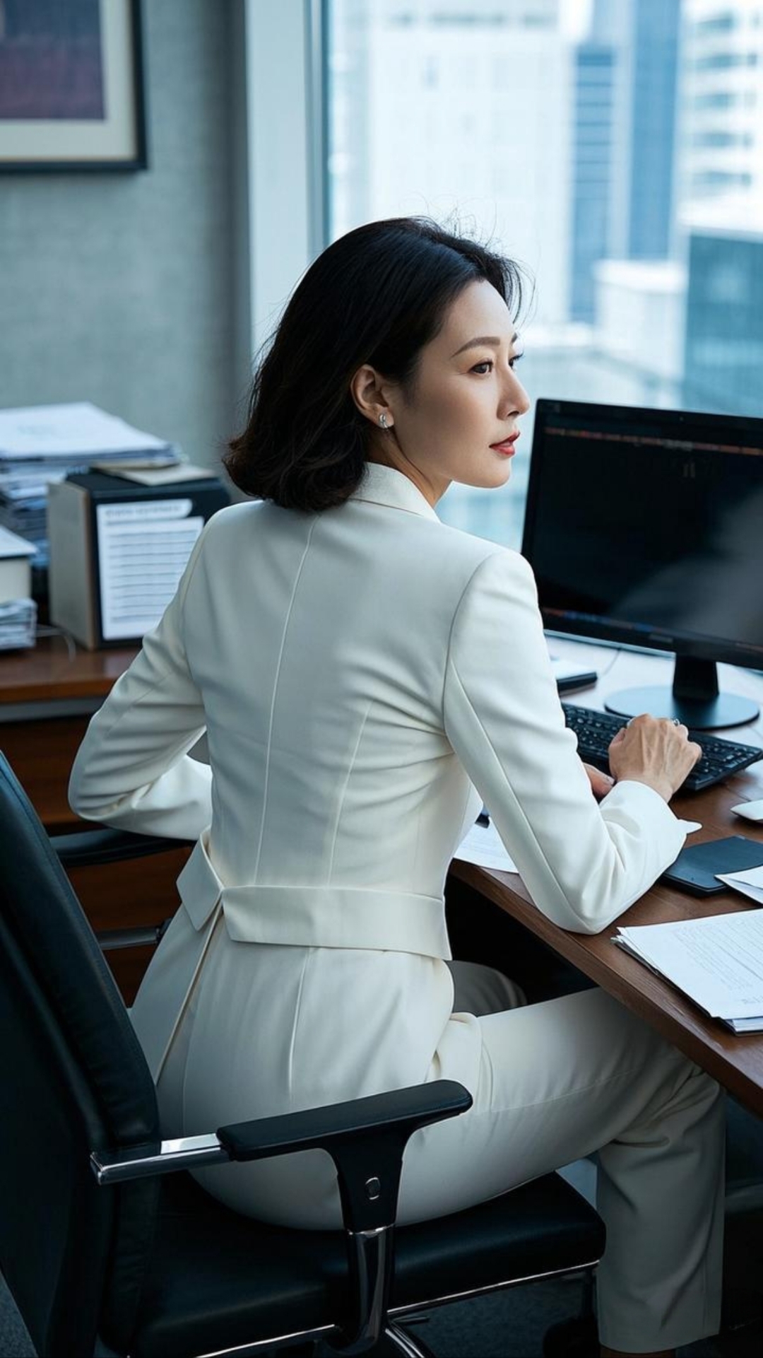 她身着紧身白色修身西服搭配同色系修身西裤,笔挺的套装勾勒出她利落