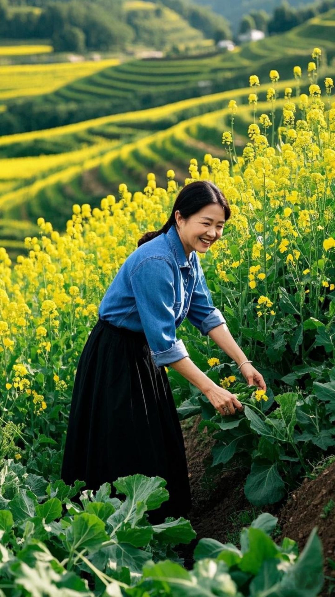 身着牛仔衬衫,黑色长裙的年轻阿姨,站在那片灿烂的黄海之浪中,享受大