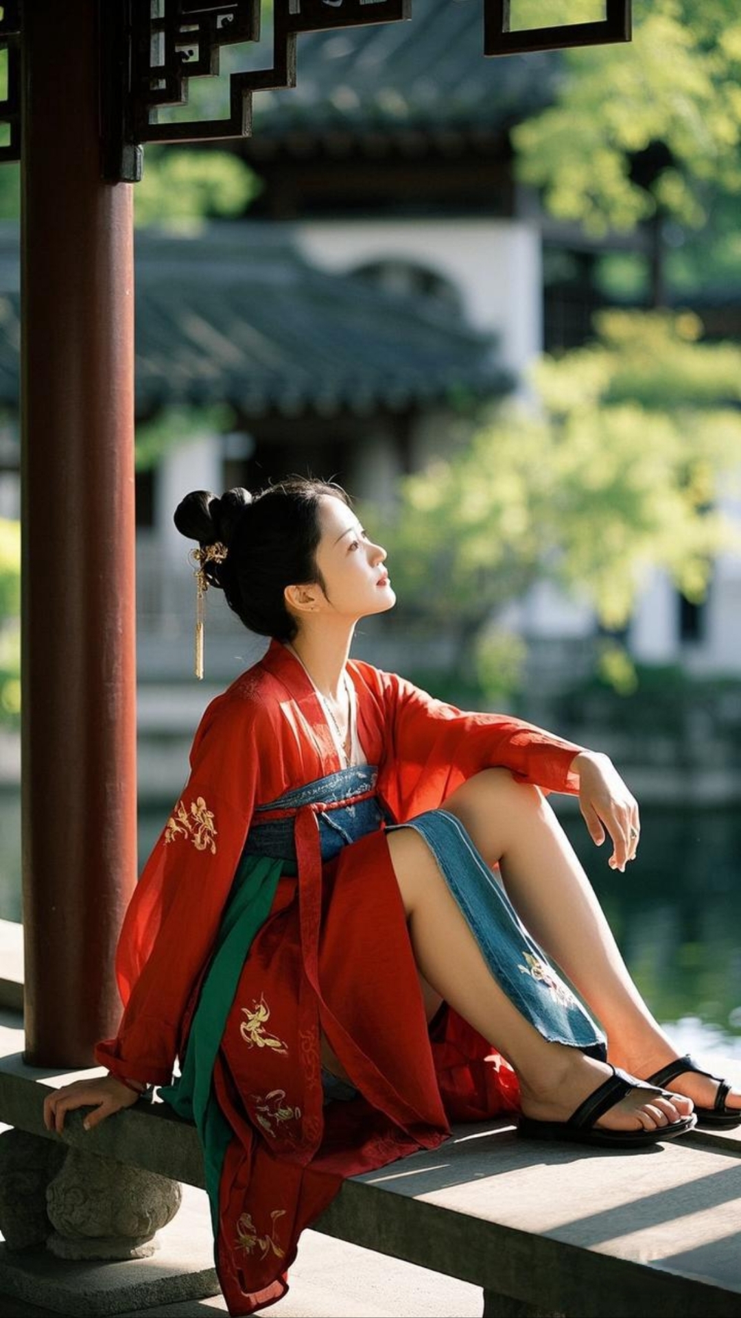 坐在石凳上,感受古风园林的静谧美好.#穿搭