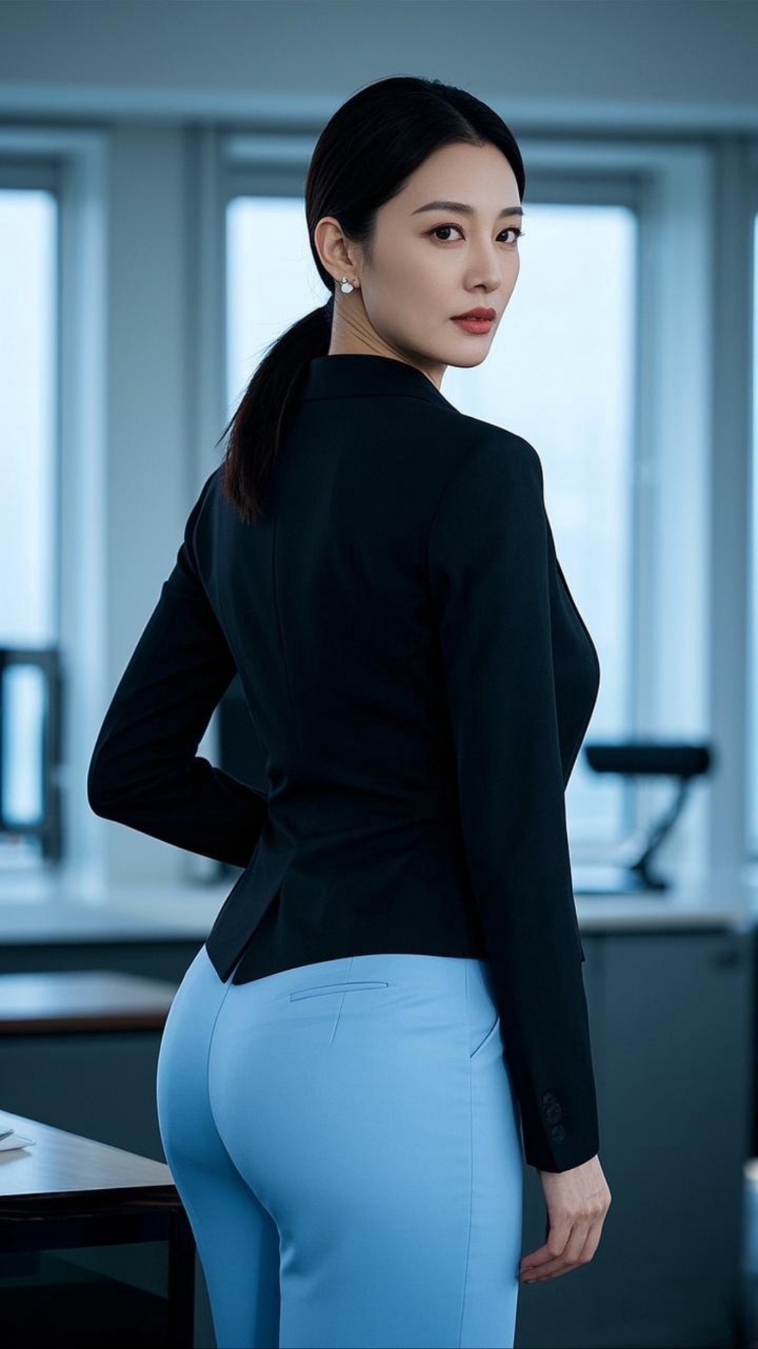 黑色西,淡蓝色紧身西裤,稳重优雅,尽展职场风采