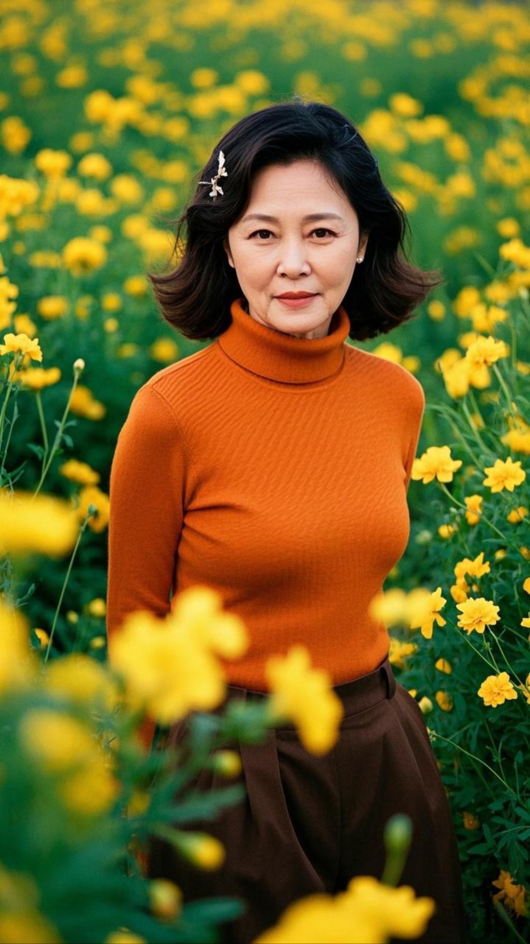 阿姨着桔色上衣,棕色长裤,站在一片金色的花海中,心情如这景色般灿烂